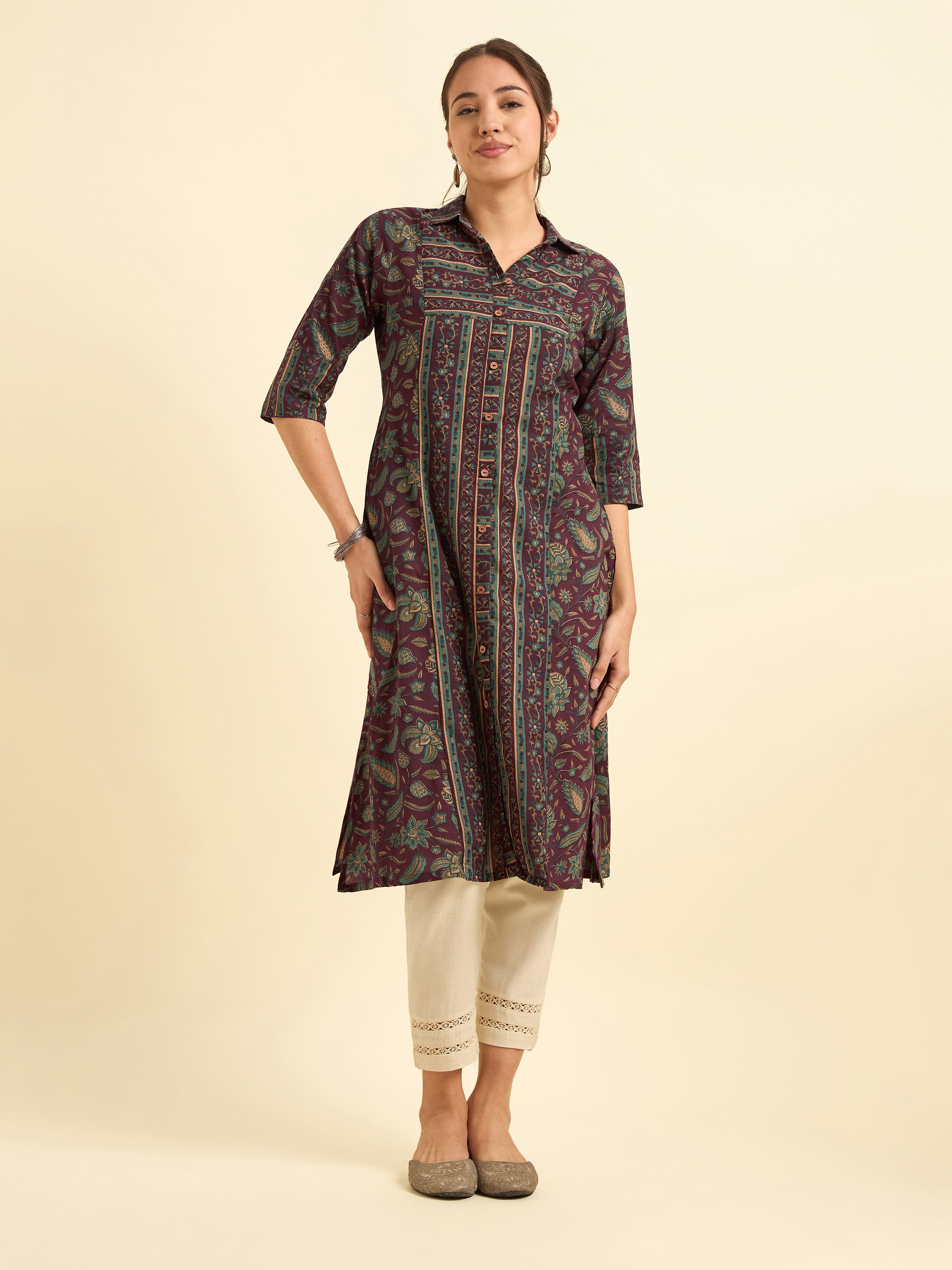 Maroon Multicolour Pure Cotton Flared Printed Kurti With Centre Panel Cut