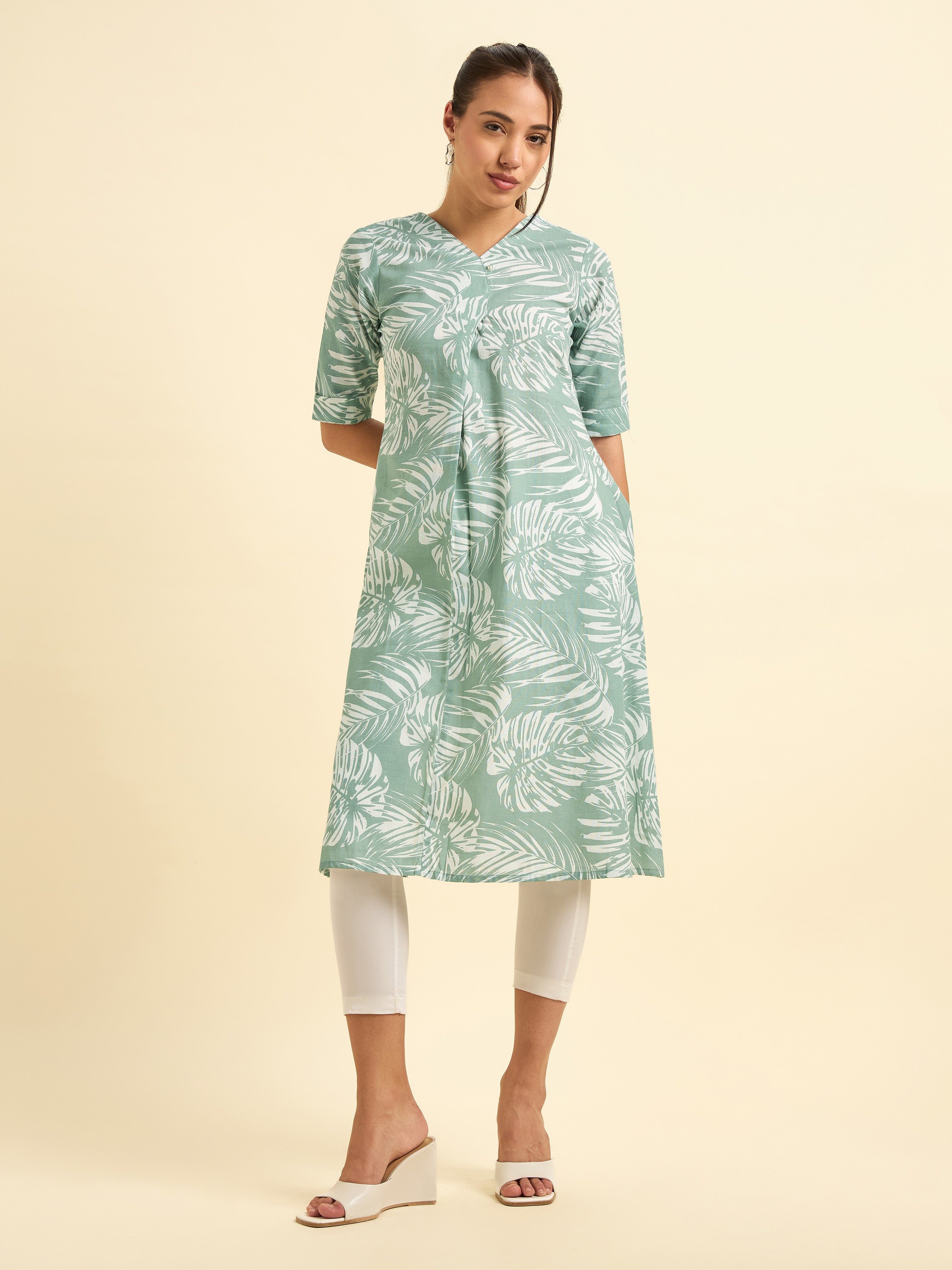 Sage Green And White Cotton Linen Printed Flared Kurti With Knife Pleat