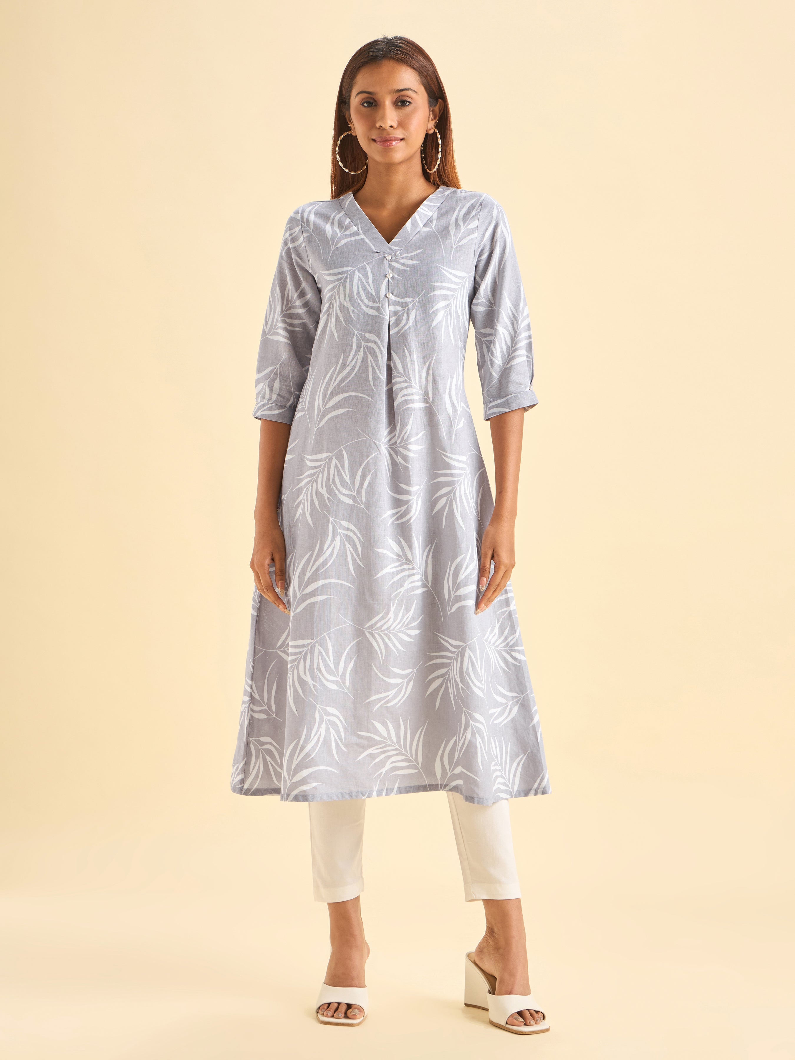 Lilac White Cotton Linen Printed Flared Kurti With Box Pleat