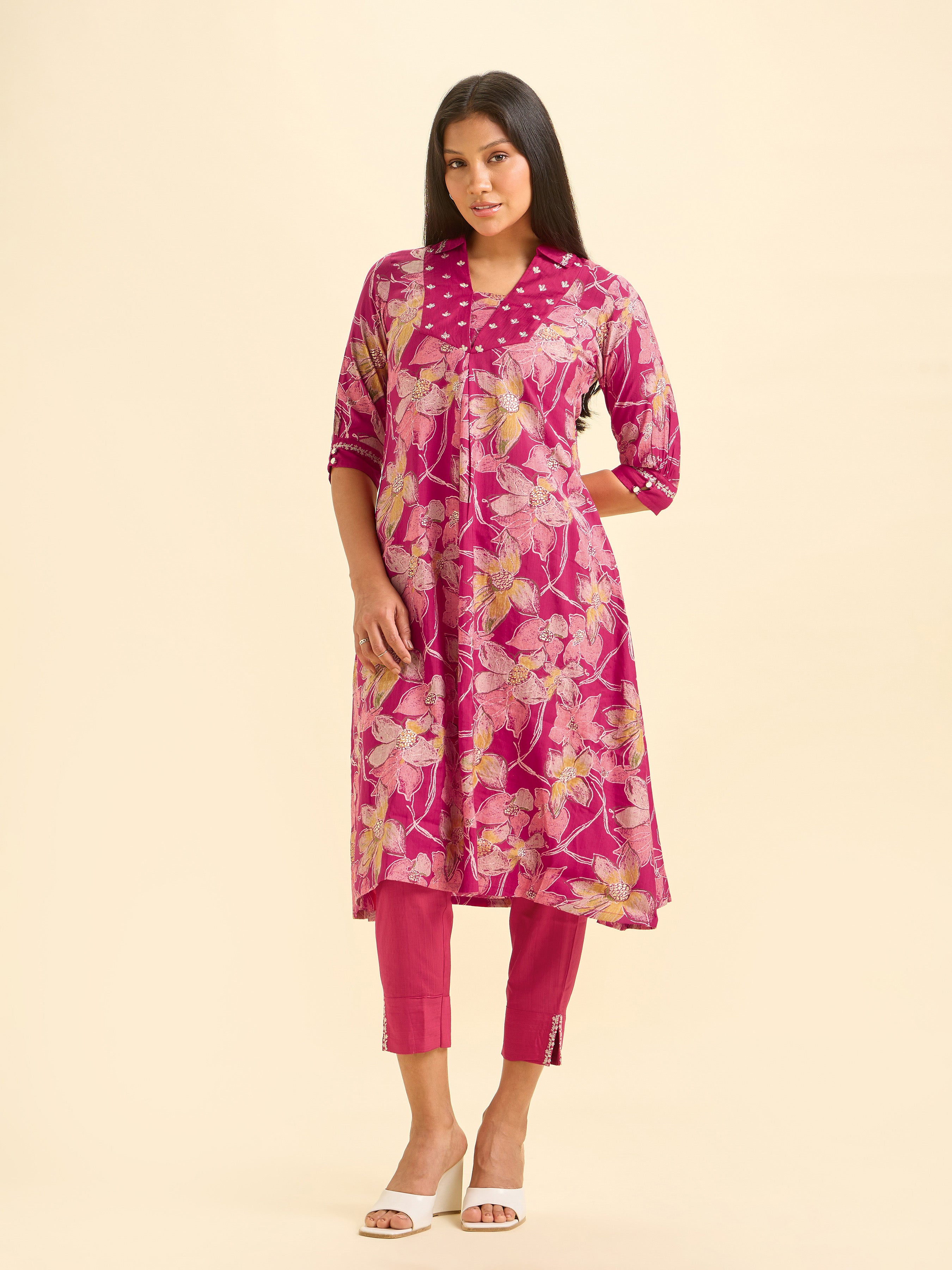 Magenta Viscose Blend Foil Printed Flared Kurta Set With Sequins Embroidery