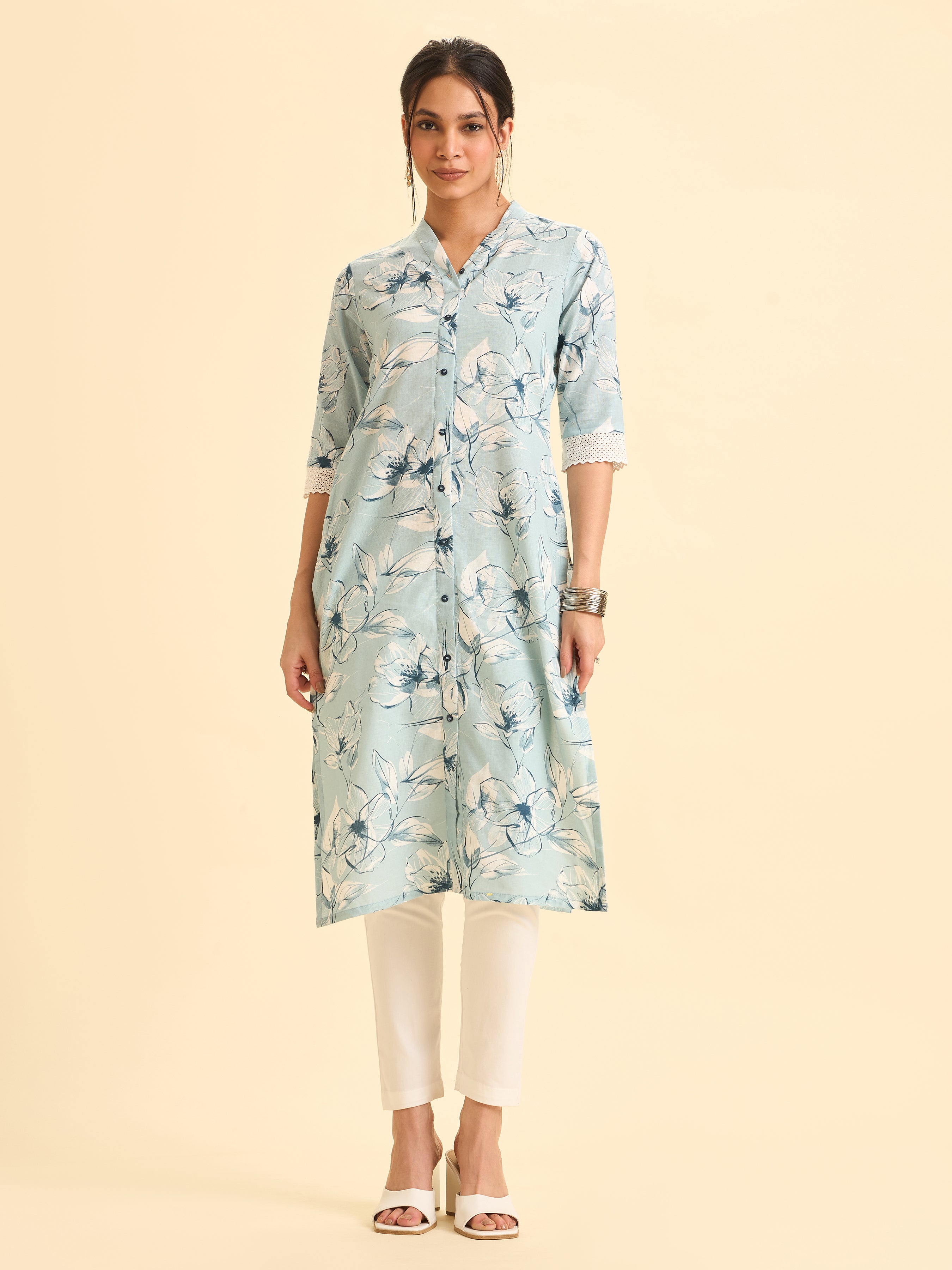 Sky Blue Cotton Linen Printed Slited Kurti With Lace