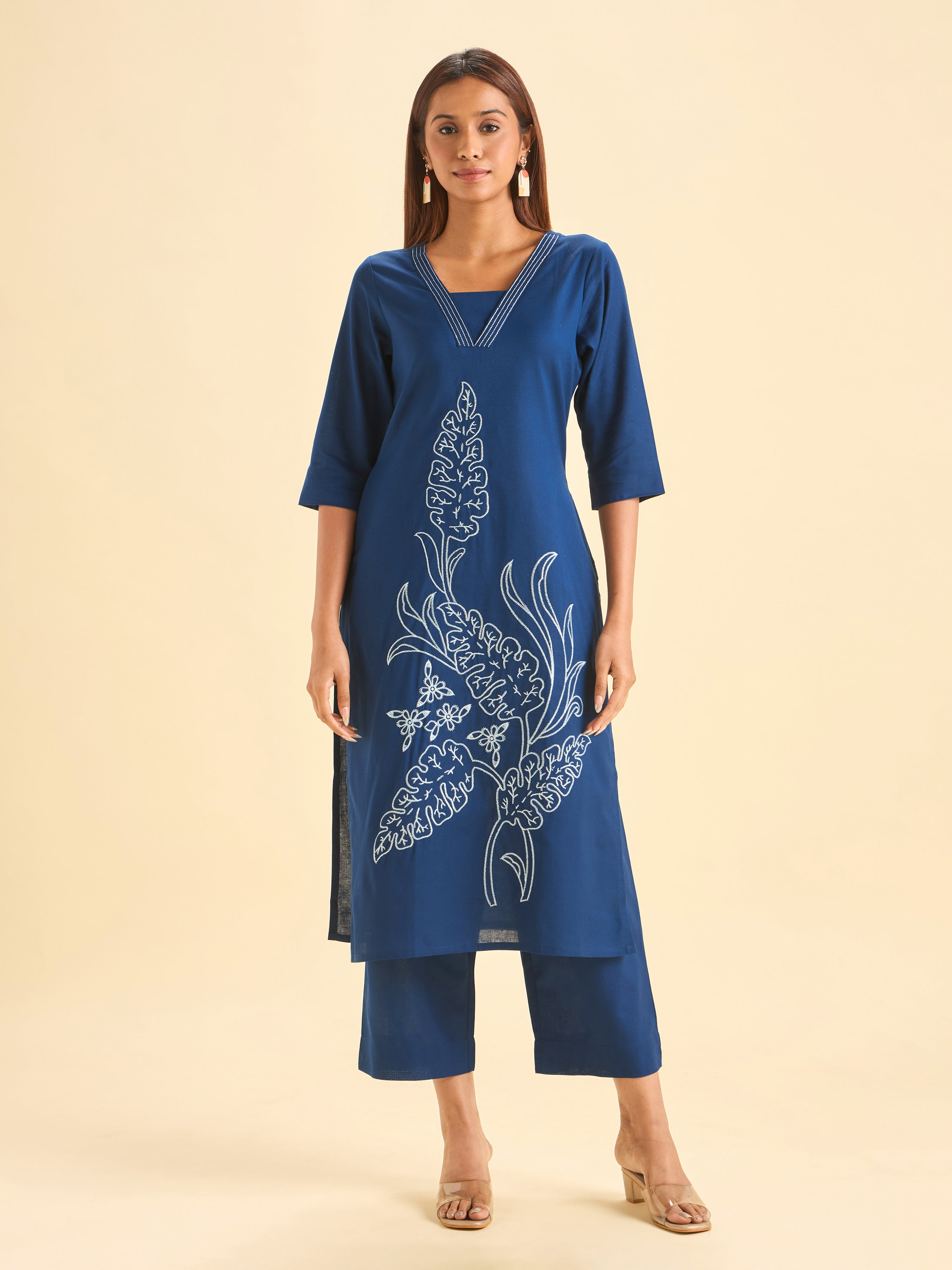 Navy Blue Cotton Flax Slit Kurti Set With Embroidery