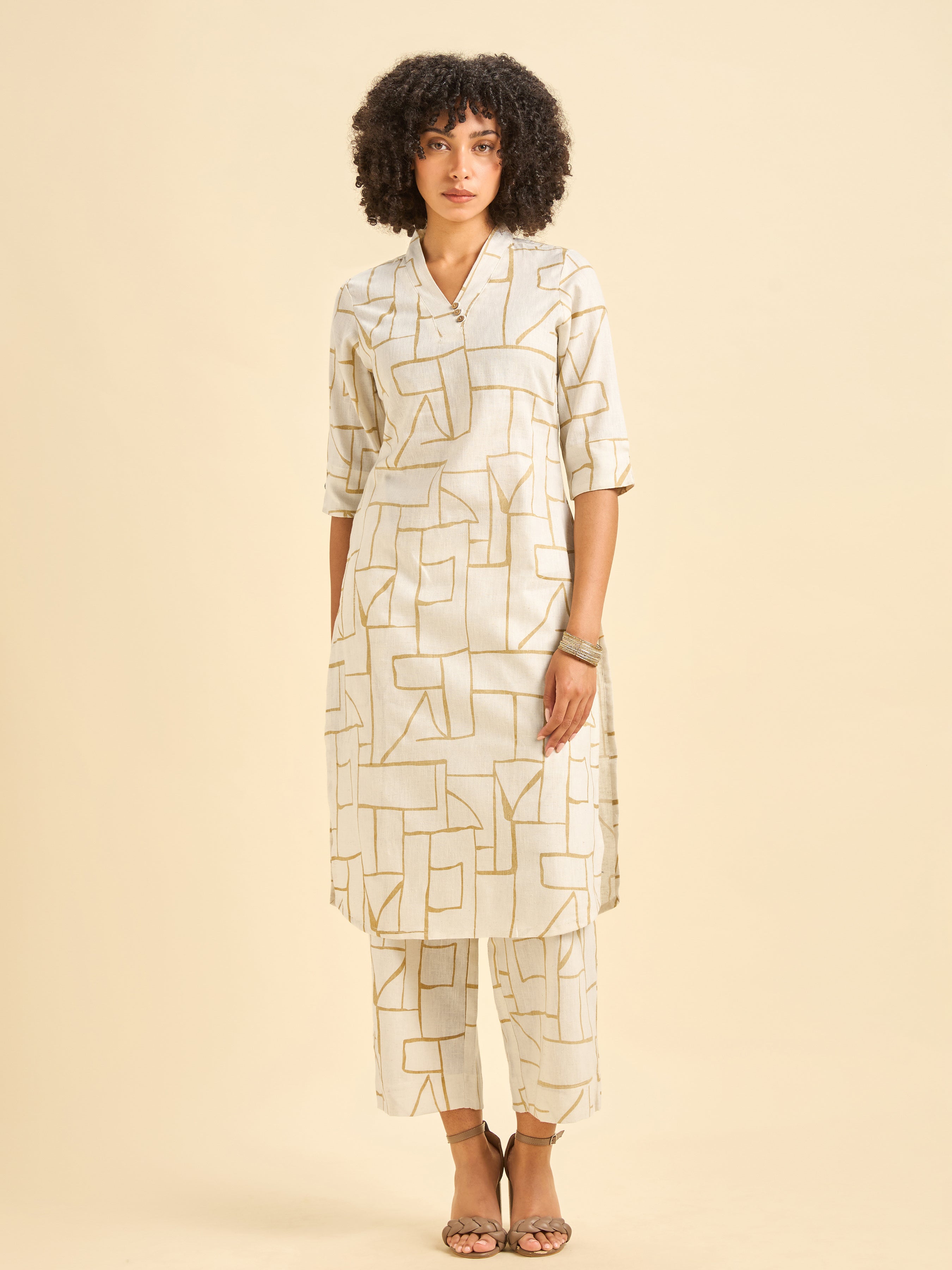 Ivory Cotton Linen Slited Printed Co-Ord Set