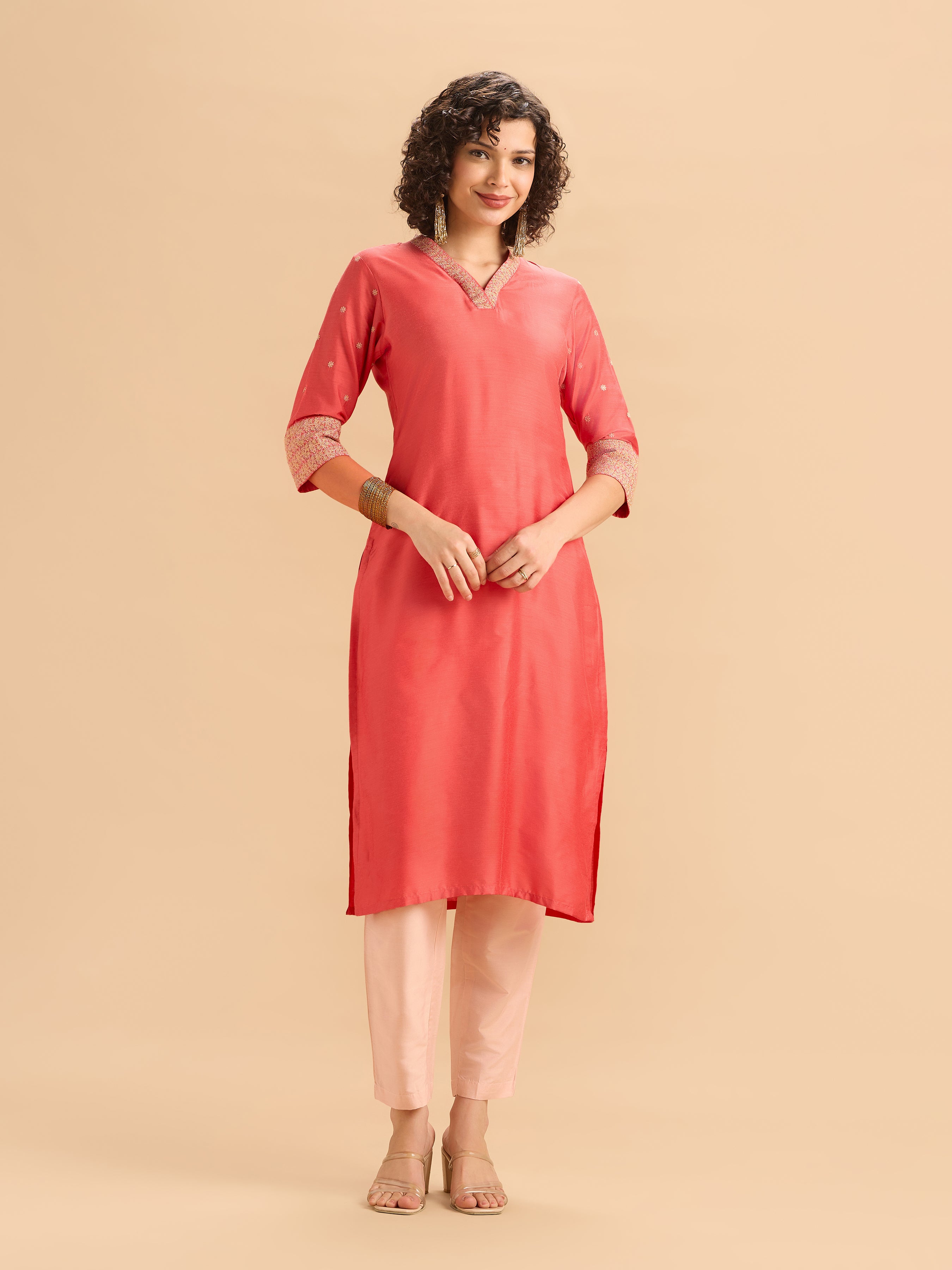 Orange Viscose Blend Plain Kurti Set With Embroidery