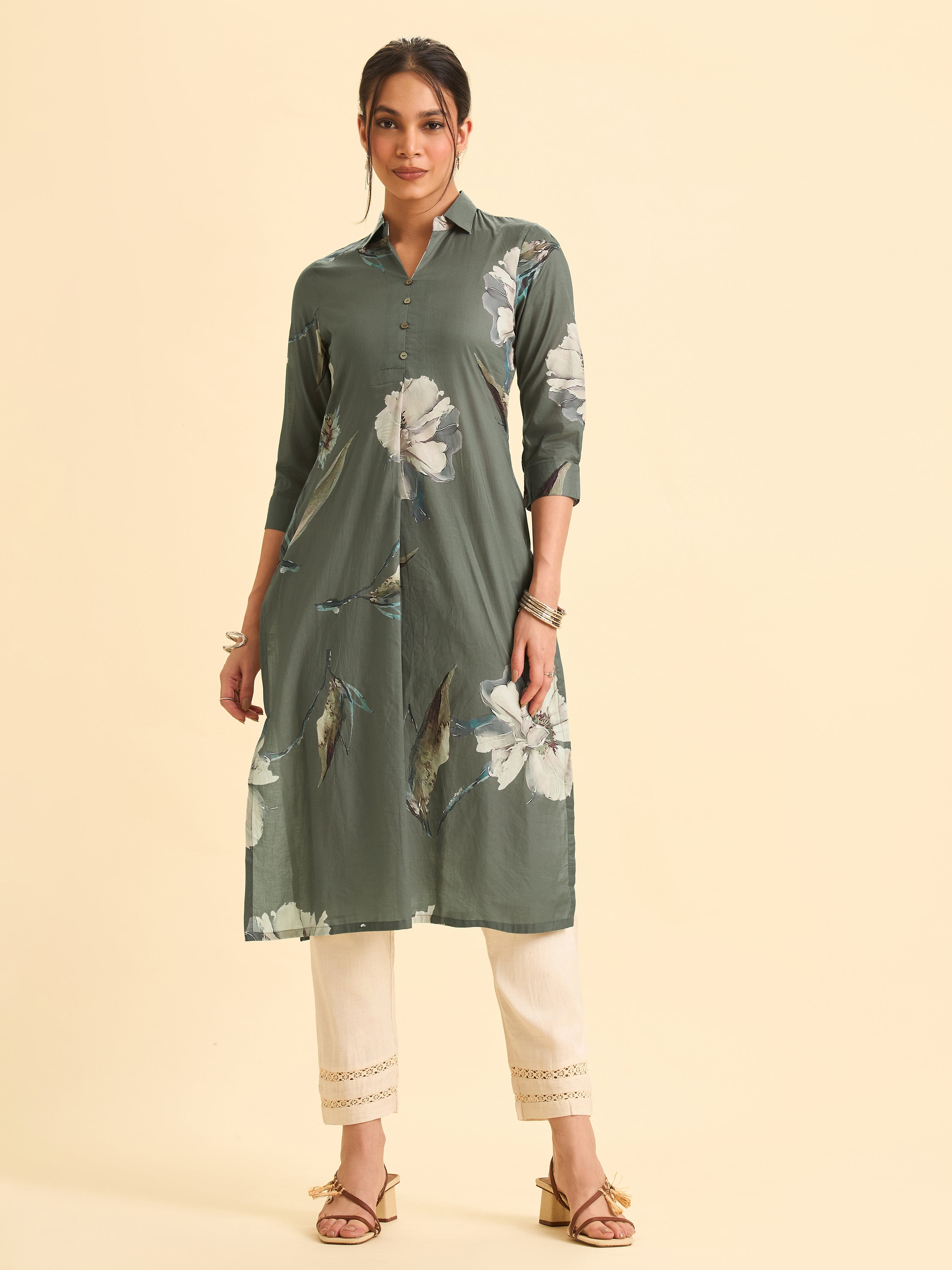Sage Green Cotton Printed Kurti With Knife Pleat
