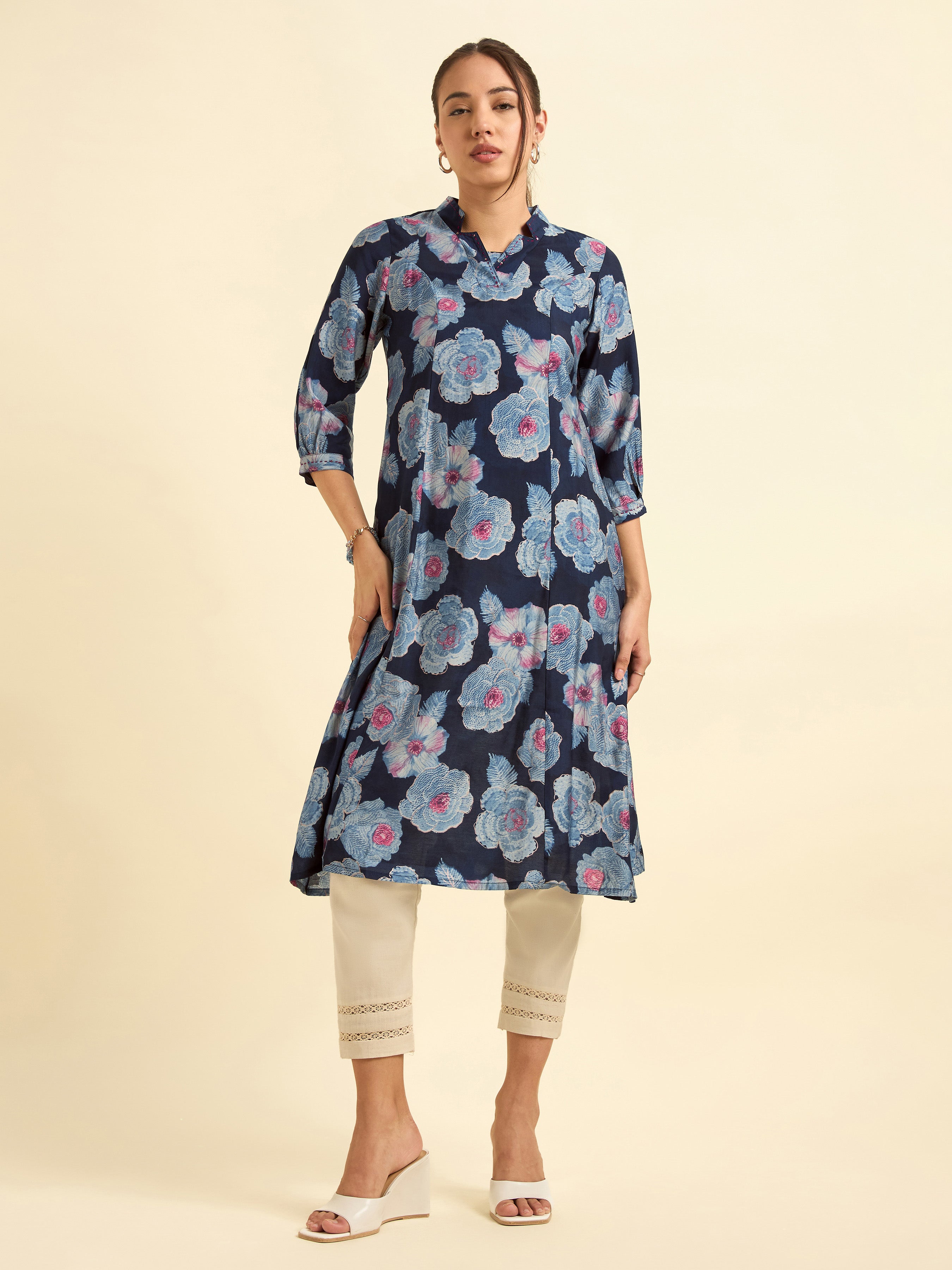 Navy Blue Modal Chanderi Princess Cut Printed Kurti With Embroidery And Sequins Work