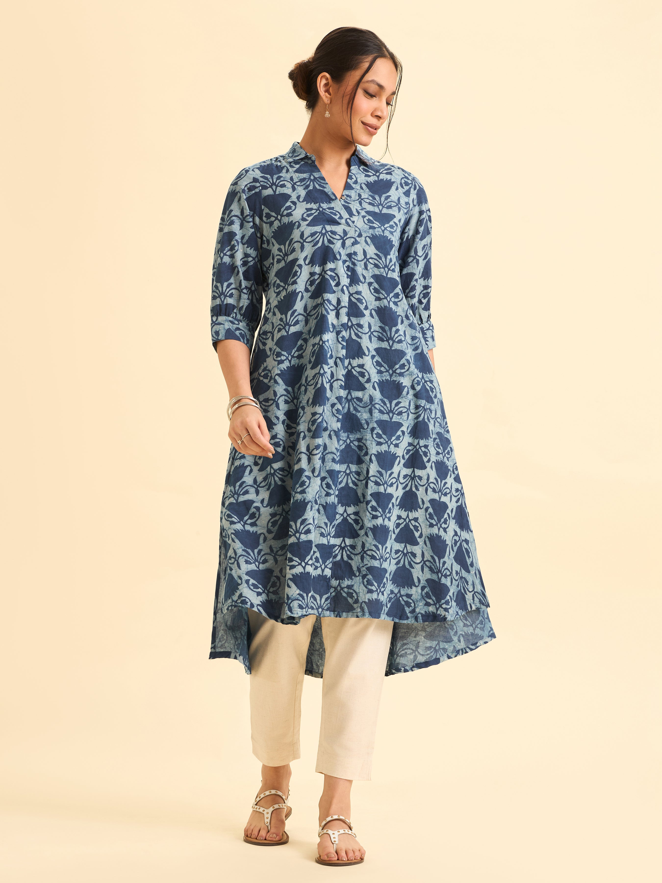 Indigo Cotton Printed Flared Kurti With Curved Hem