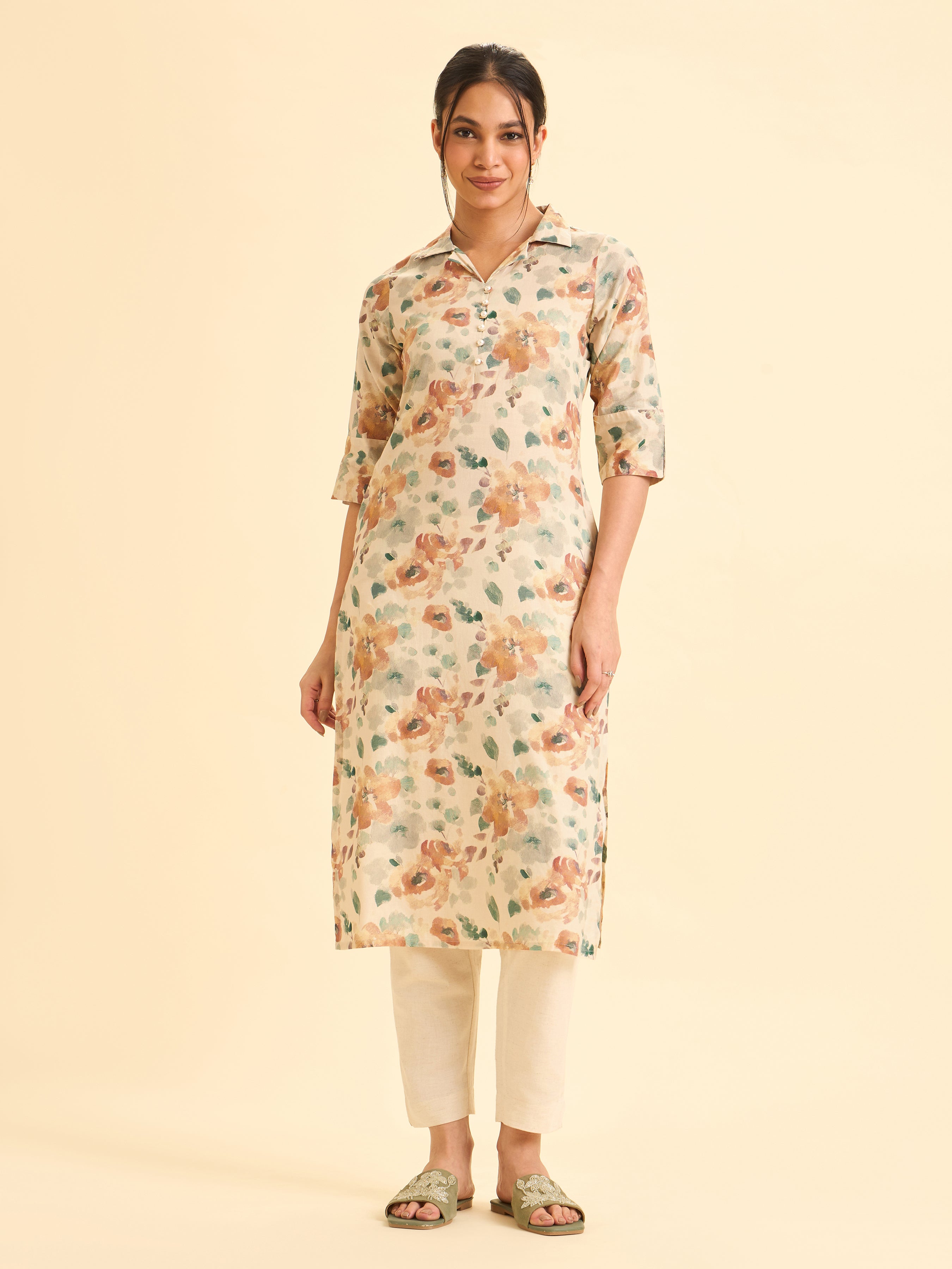 Ivory Cotton Printed Slited Kurti With Multi Colour Print