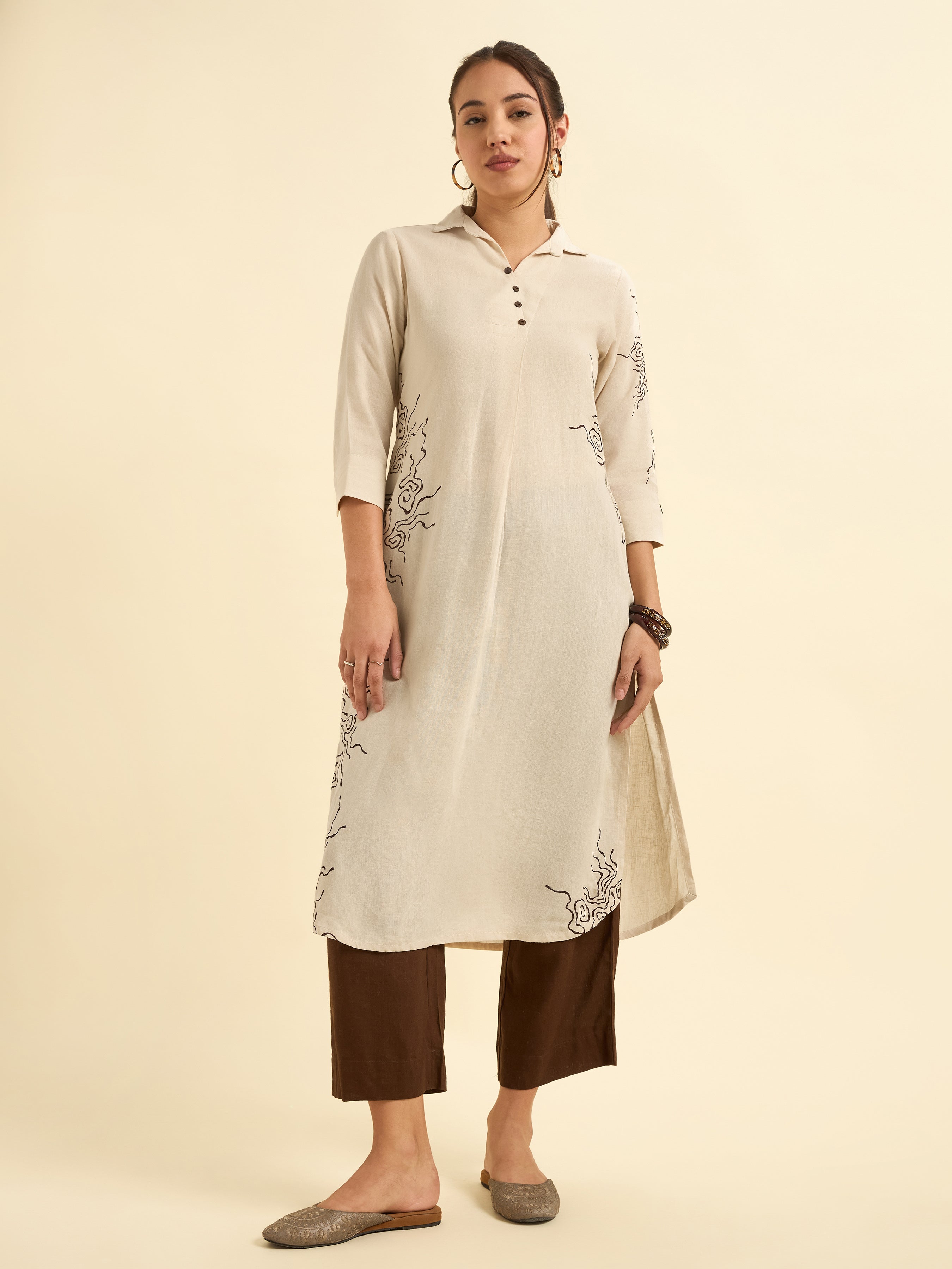 Ivory Colour Viscose Linen Kurti With Placement Print with Bottom
