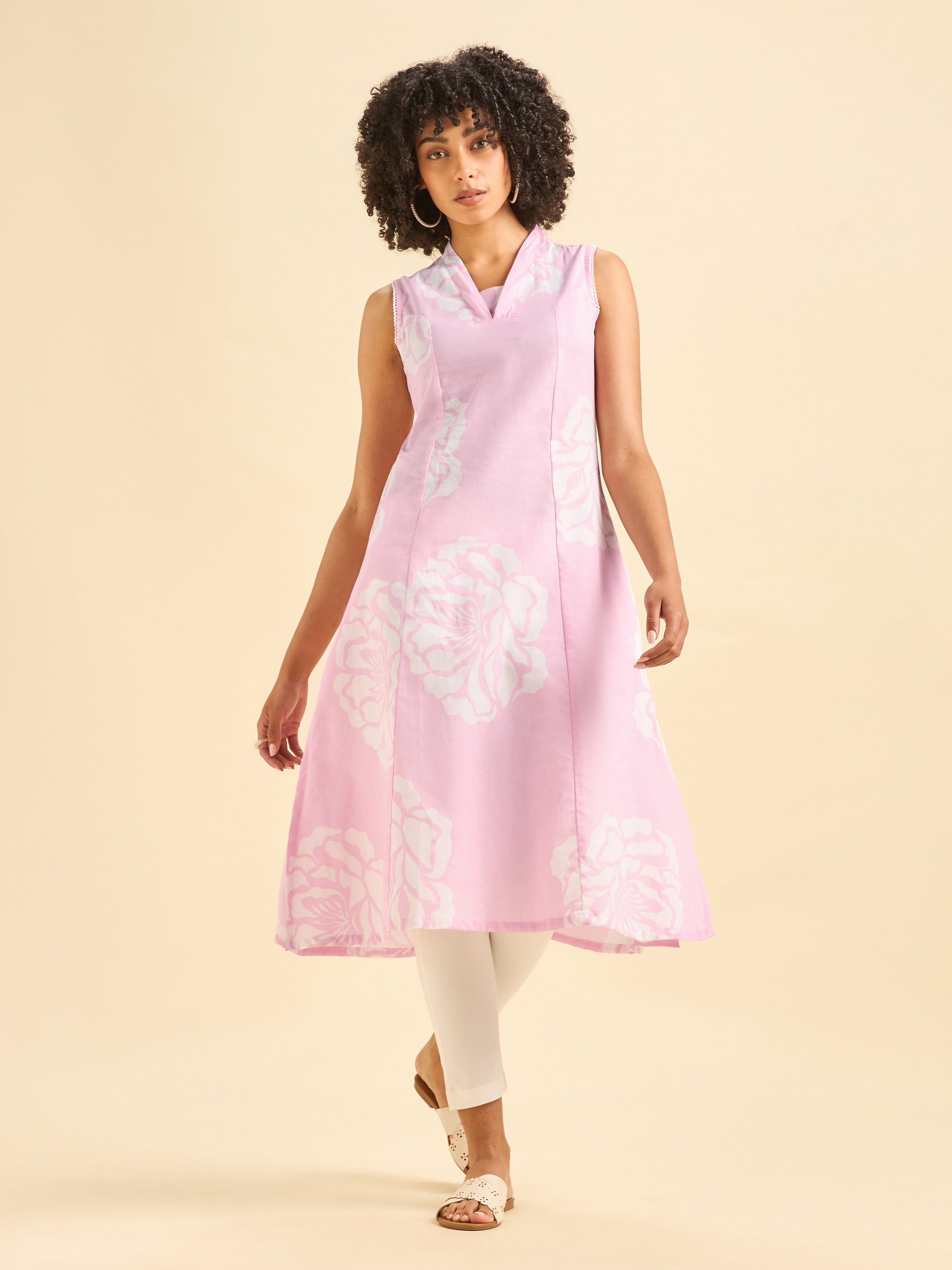 Pink And White Cotton Flax Flared Princess Cut Kurti