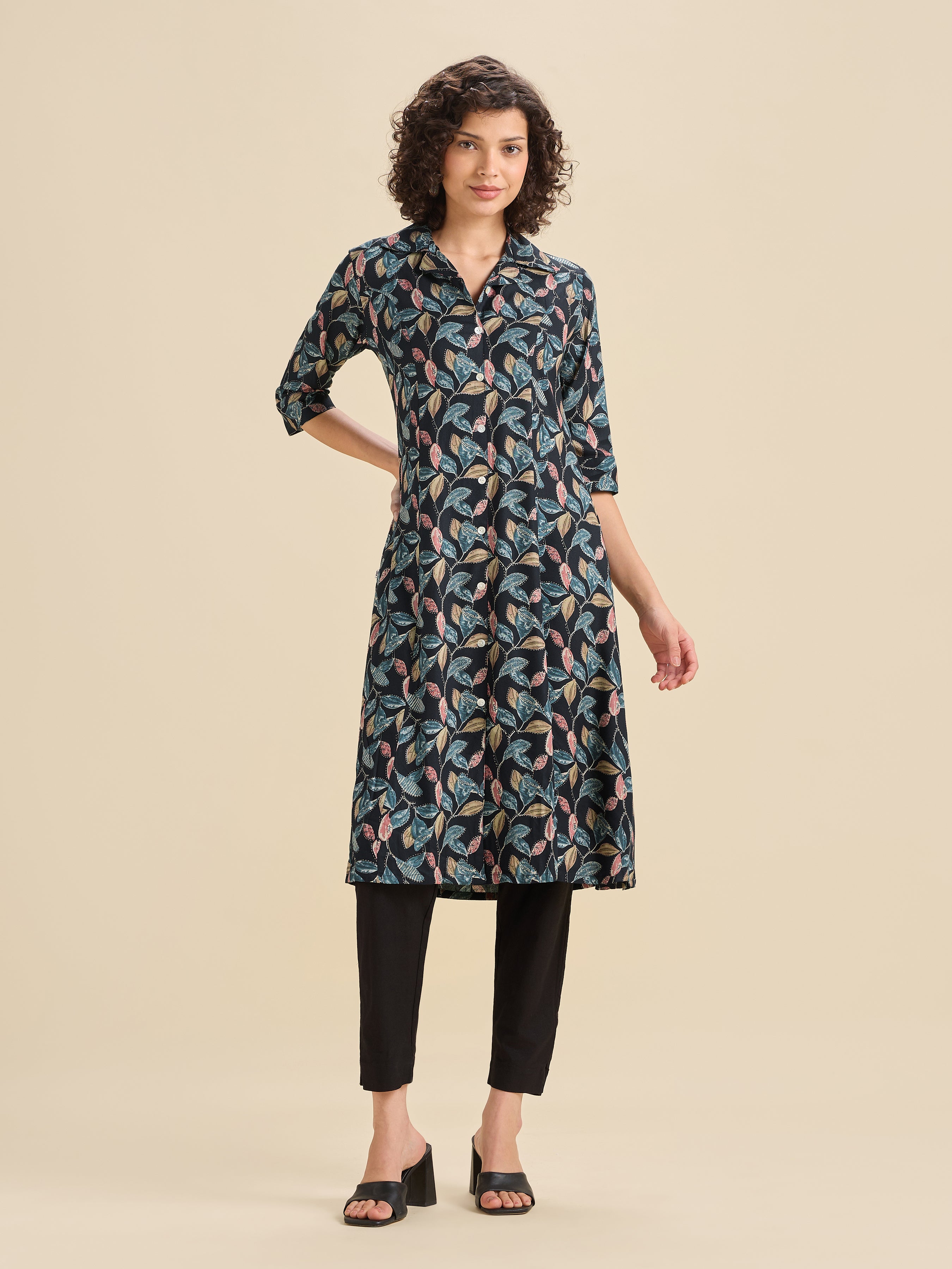 Navy Blue Viscose Printed Kurti With Shirt Collar
