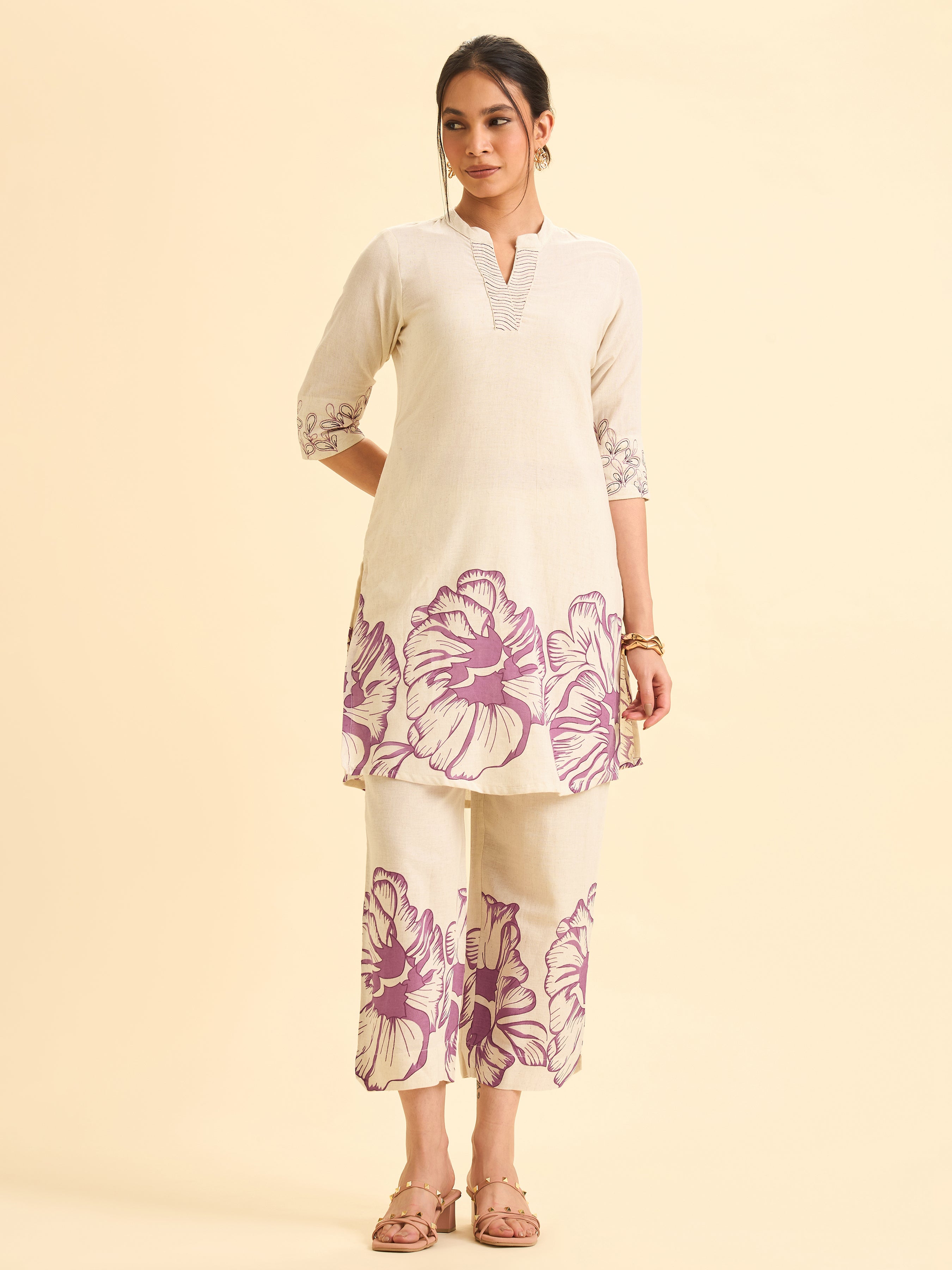 Ivory And Pink Cotton Flax Printed Kurti With Embroidery