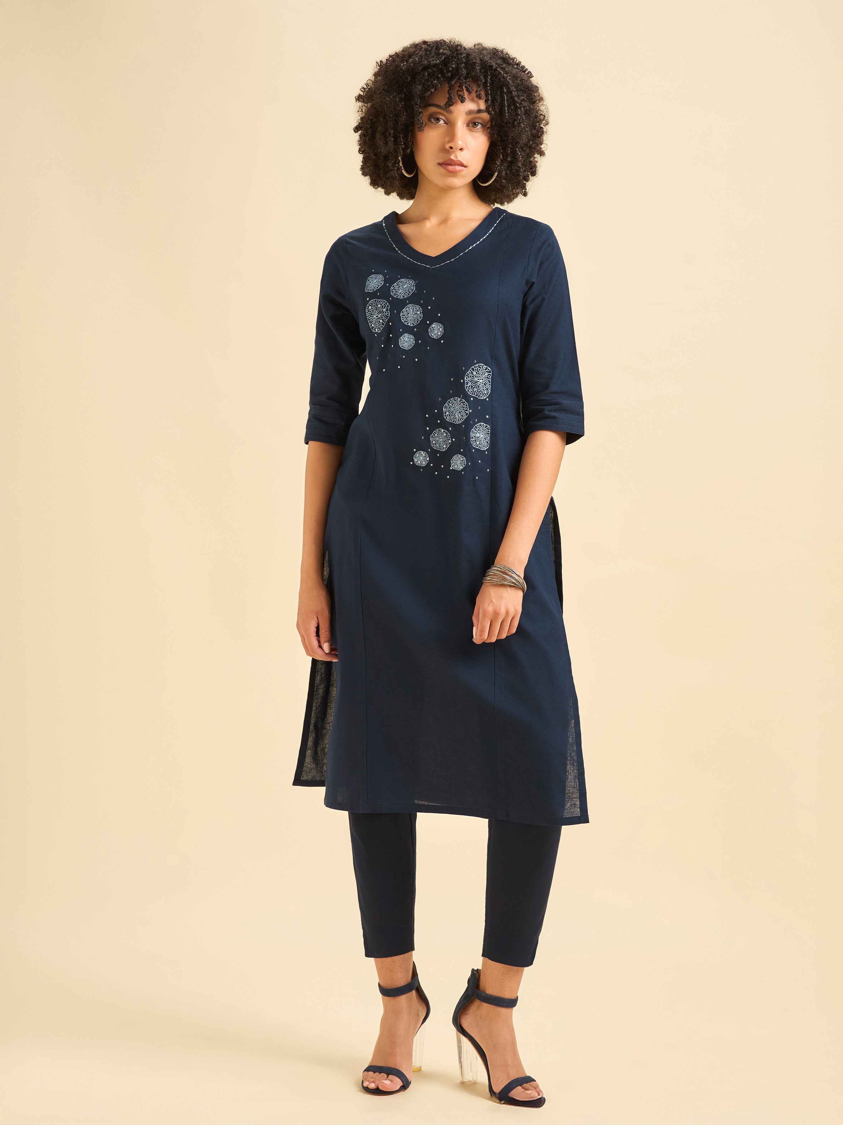 Navy Blue Cotton Flax Kurti With Sequins Embroidery