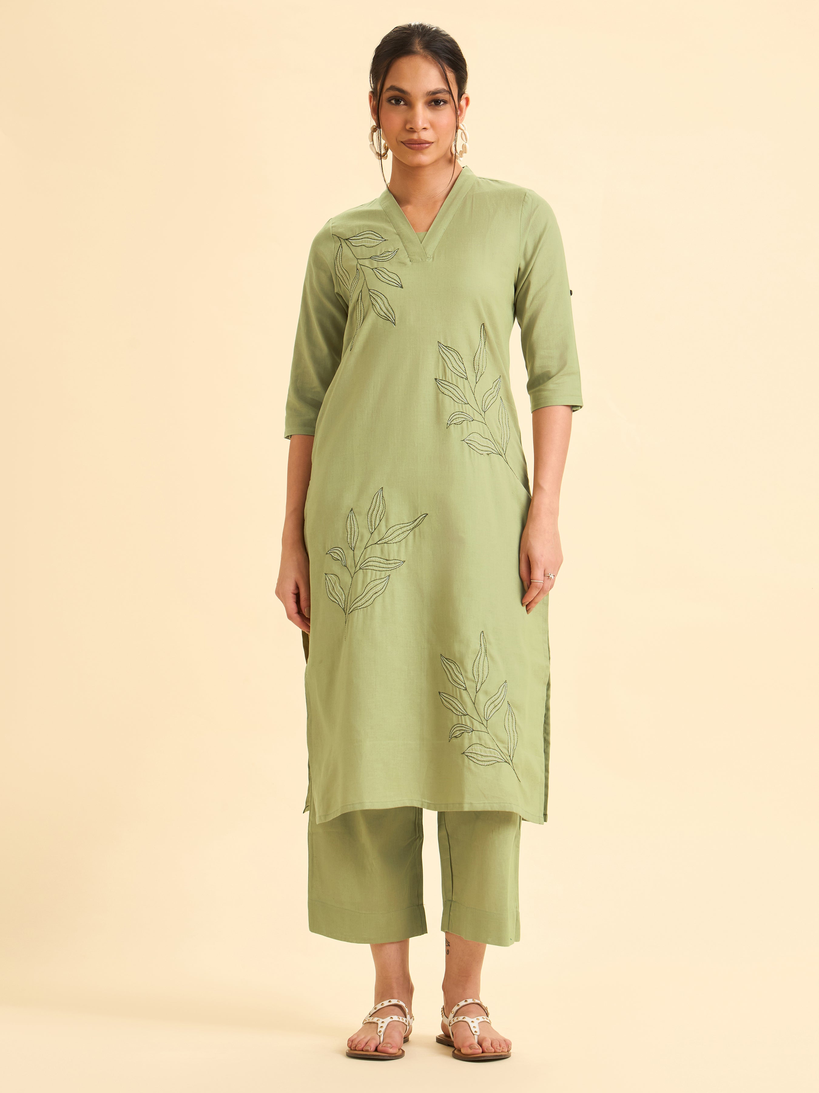 Olive Green Cotton Flax Kurti Set With Embroidery