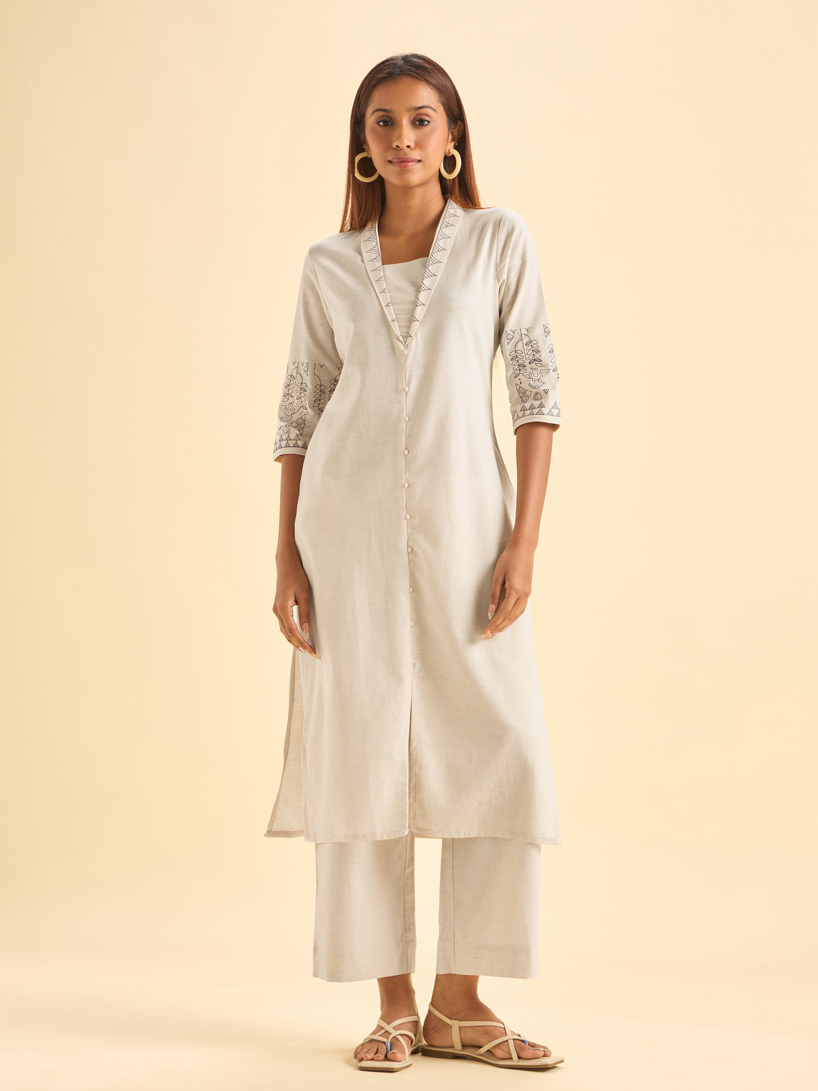 Ivory Cotton Flax Plain Kurti With Embroidery