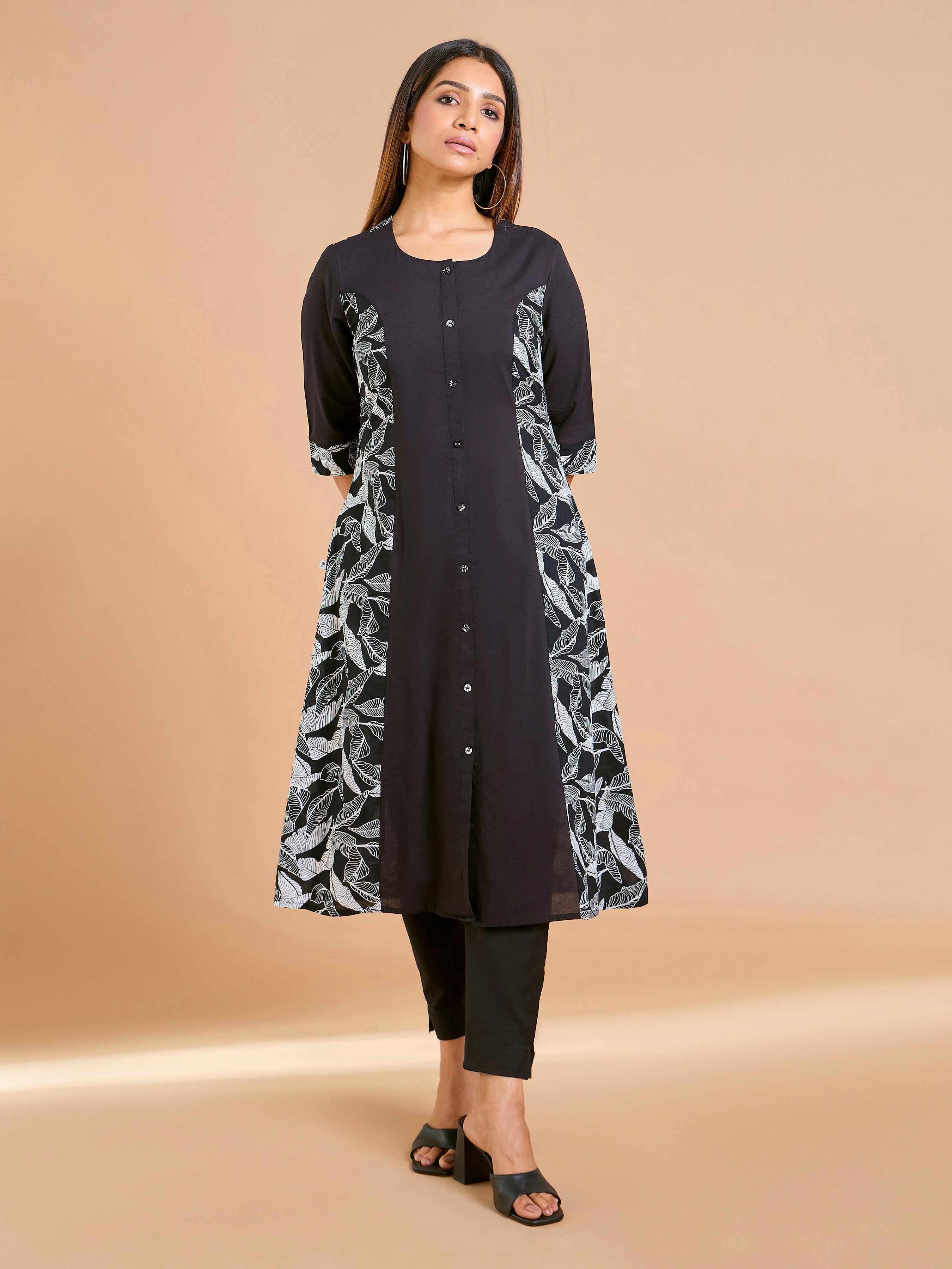 Black Pure Cotton Printed Kurti with princess cut