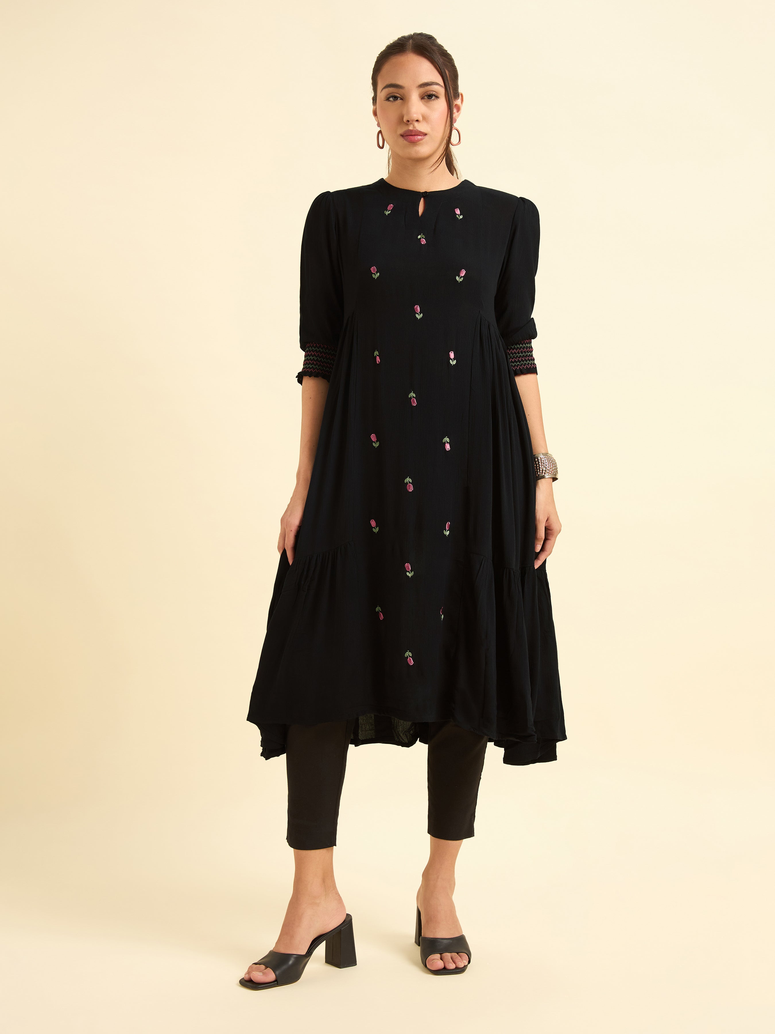 Black Wrinkle Viscose Flared Plain Kurti With Embroidery