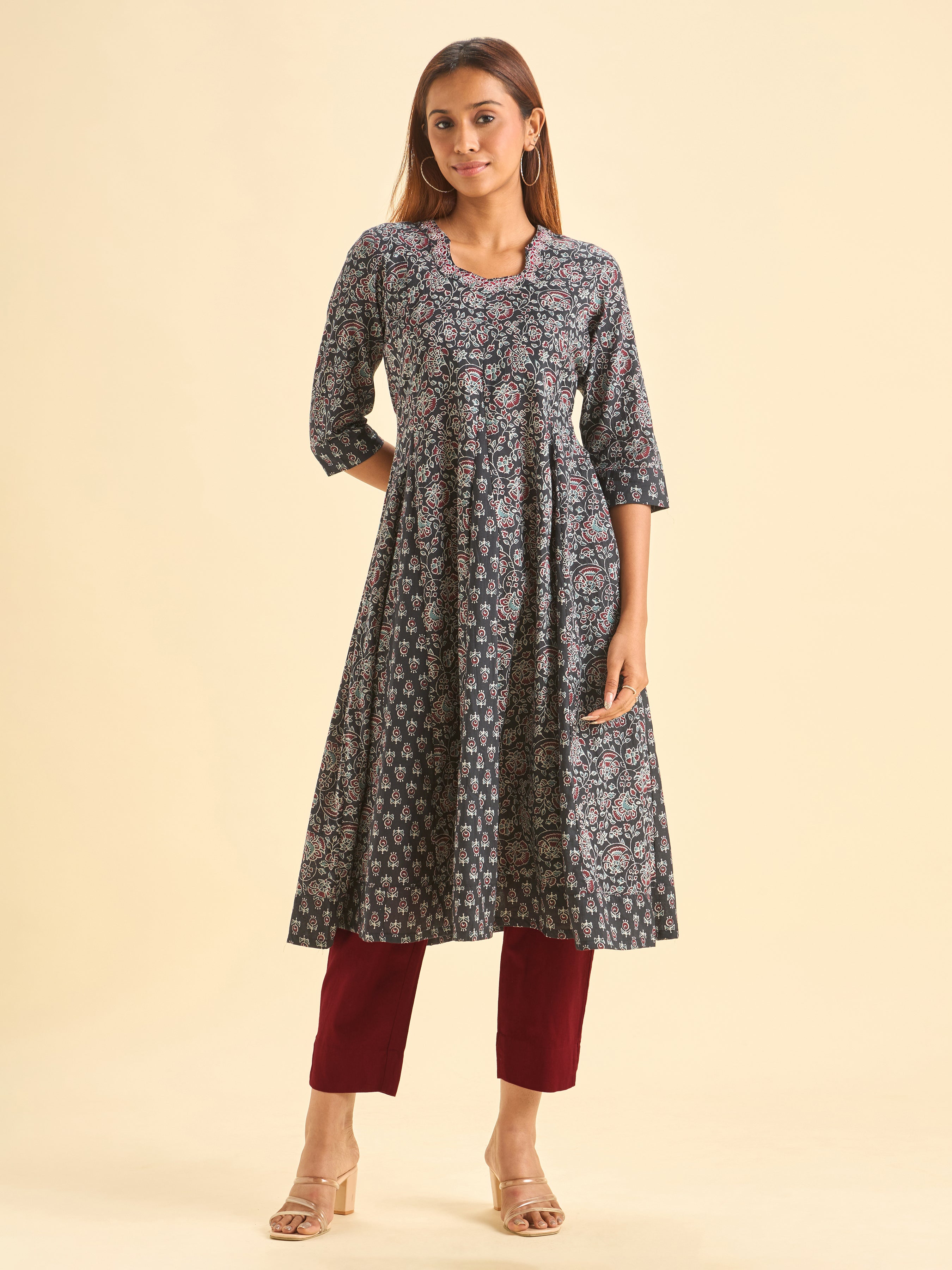 Black Pure Cotton Printed Flared Kalicut Kurti With Embroidery And Sequence
