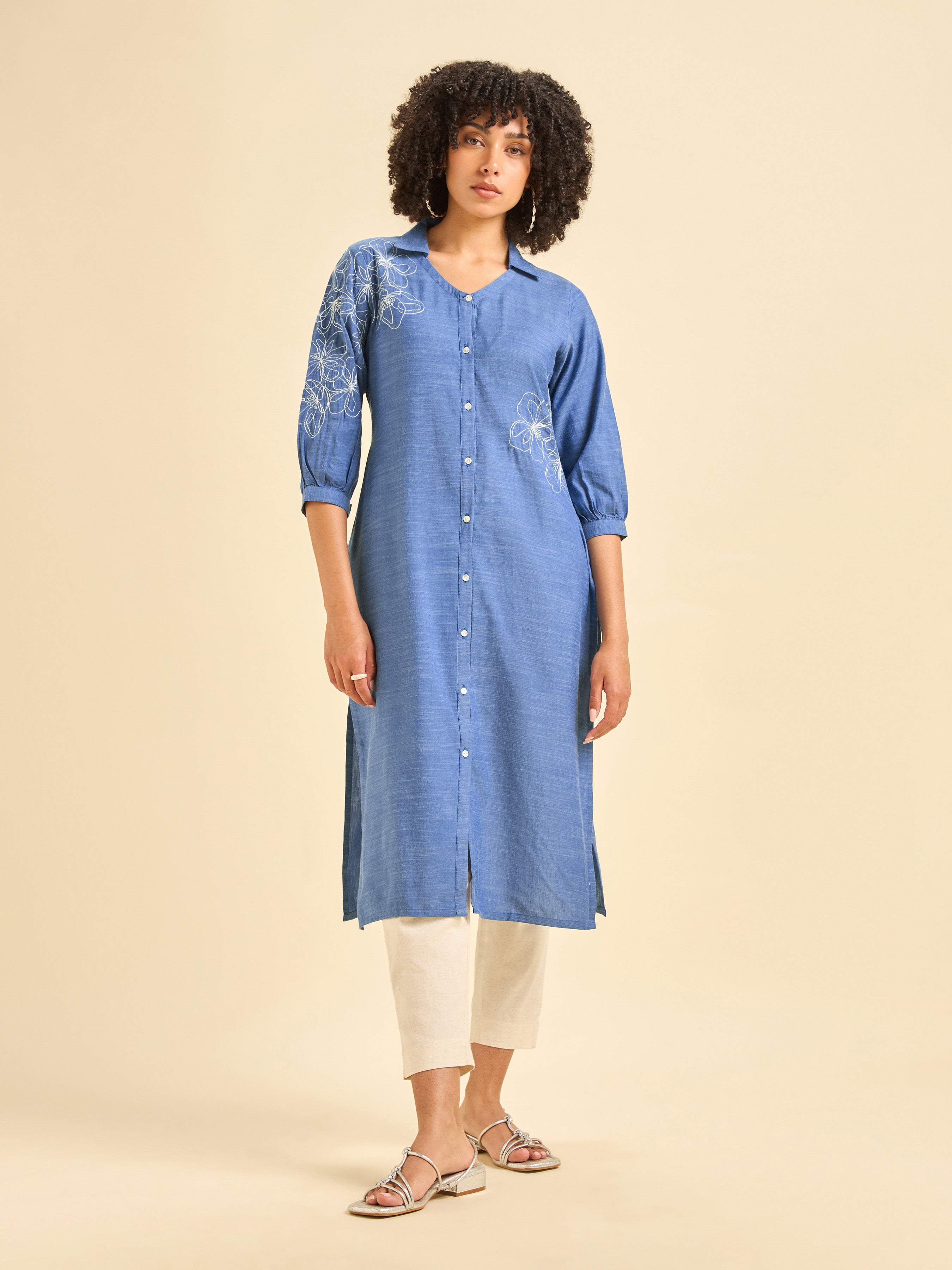 Blue Cotton Viscose Kurti With Embroidery