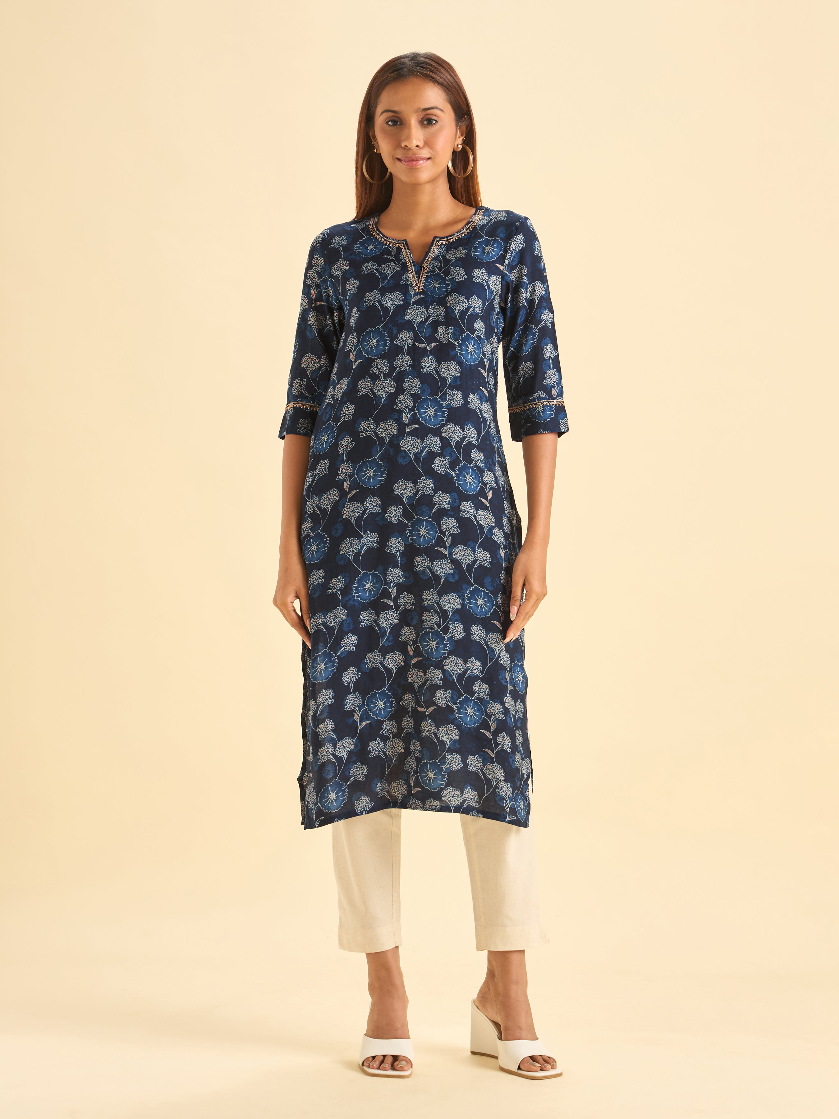 Navy Blue Modal Chanderi Slited Printed Kurti With Embroidery