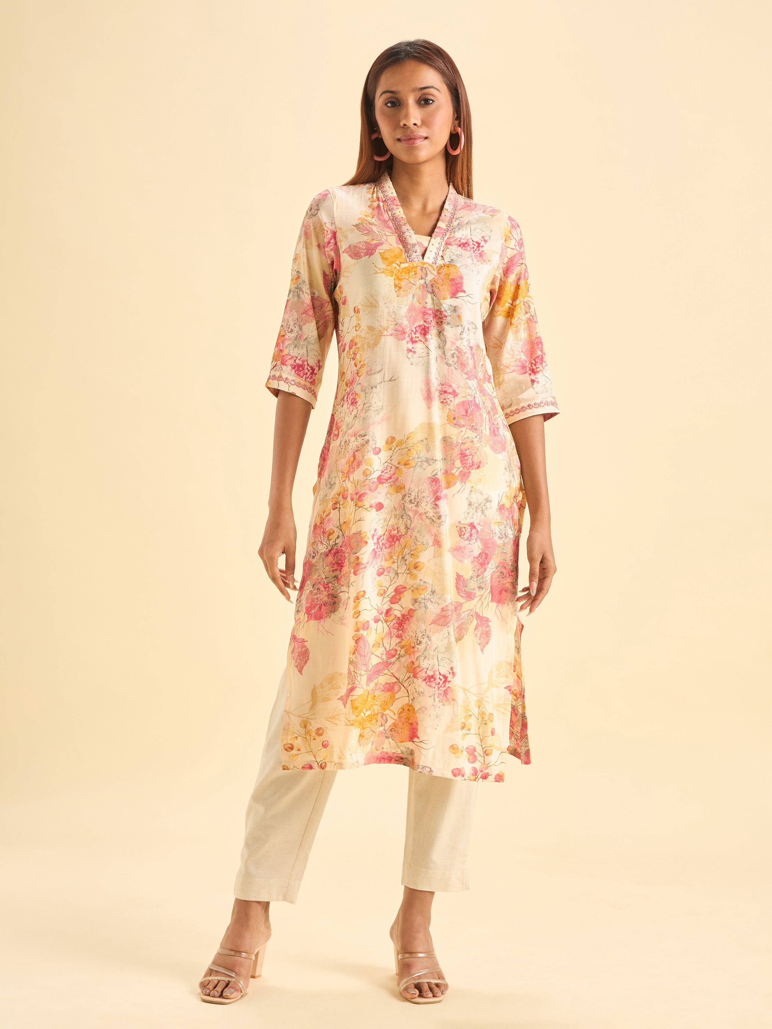 Multi Colour Modal Chanderi Printed Slited Kurti With Sequence Embroidery