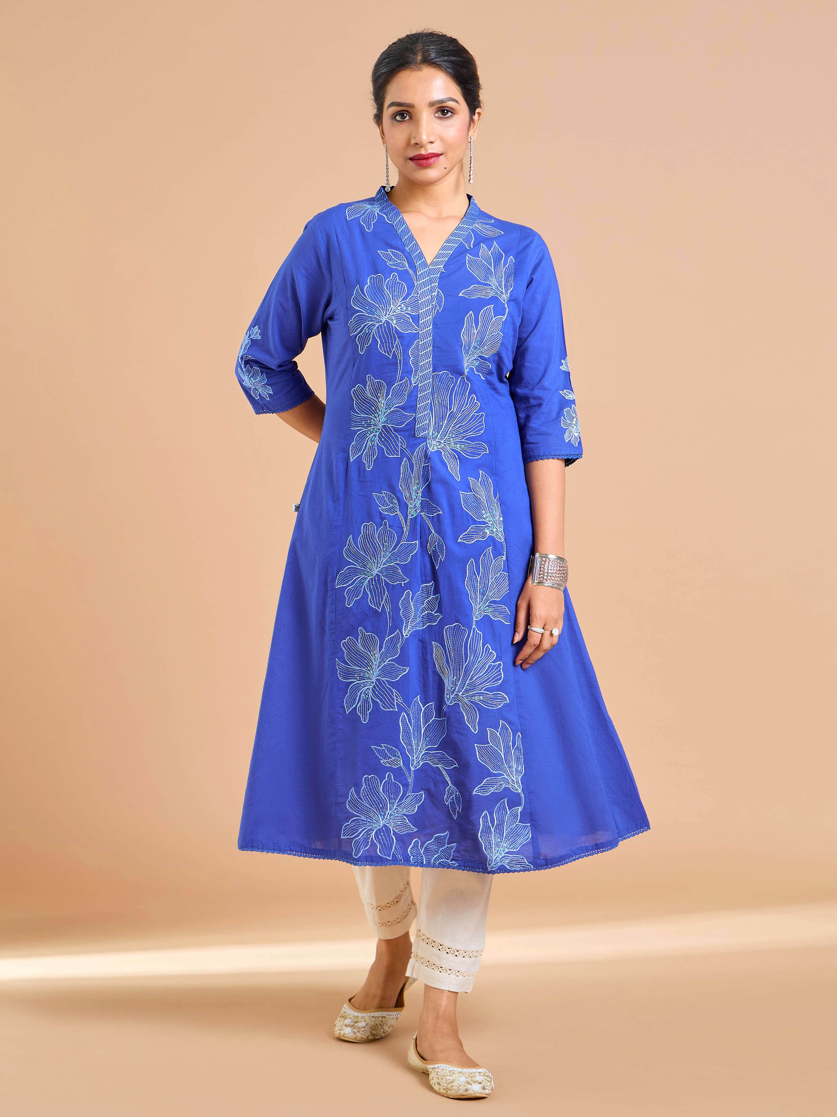 Royal Blue Cotton Flax Kurti With Embroidery