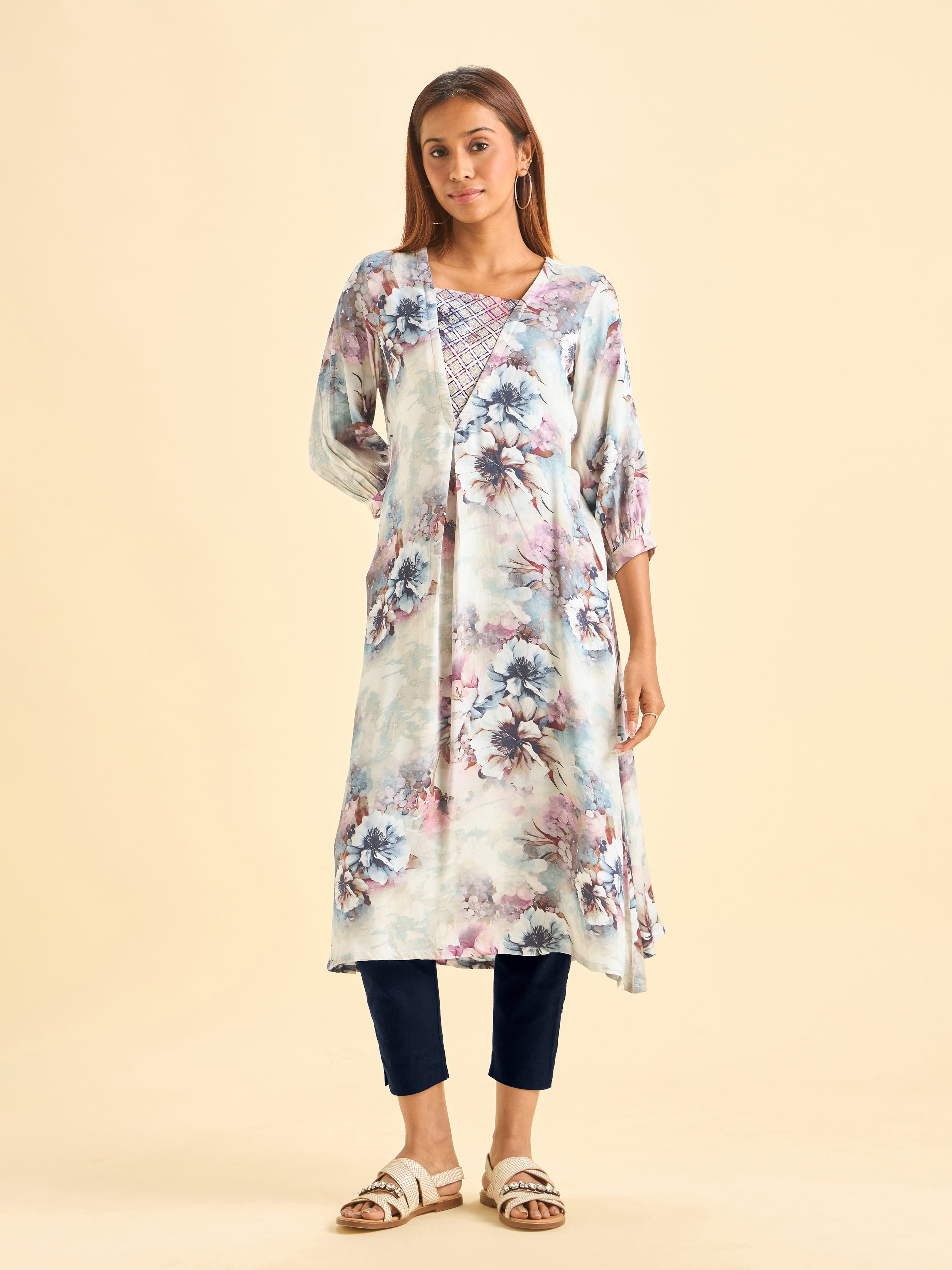 Ivory Modal Satin Printed Flared Kurti