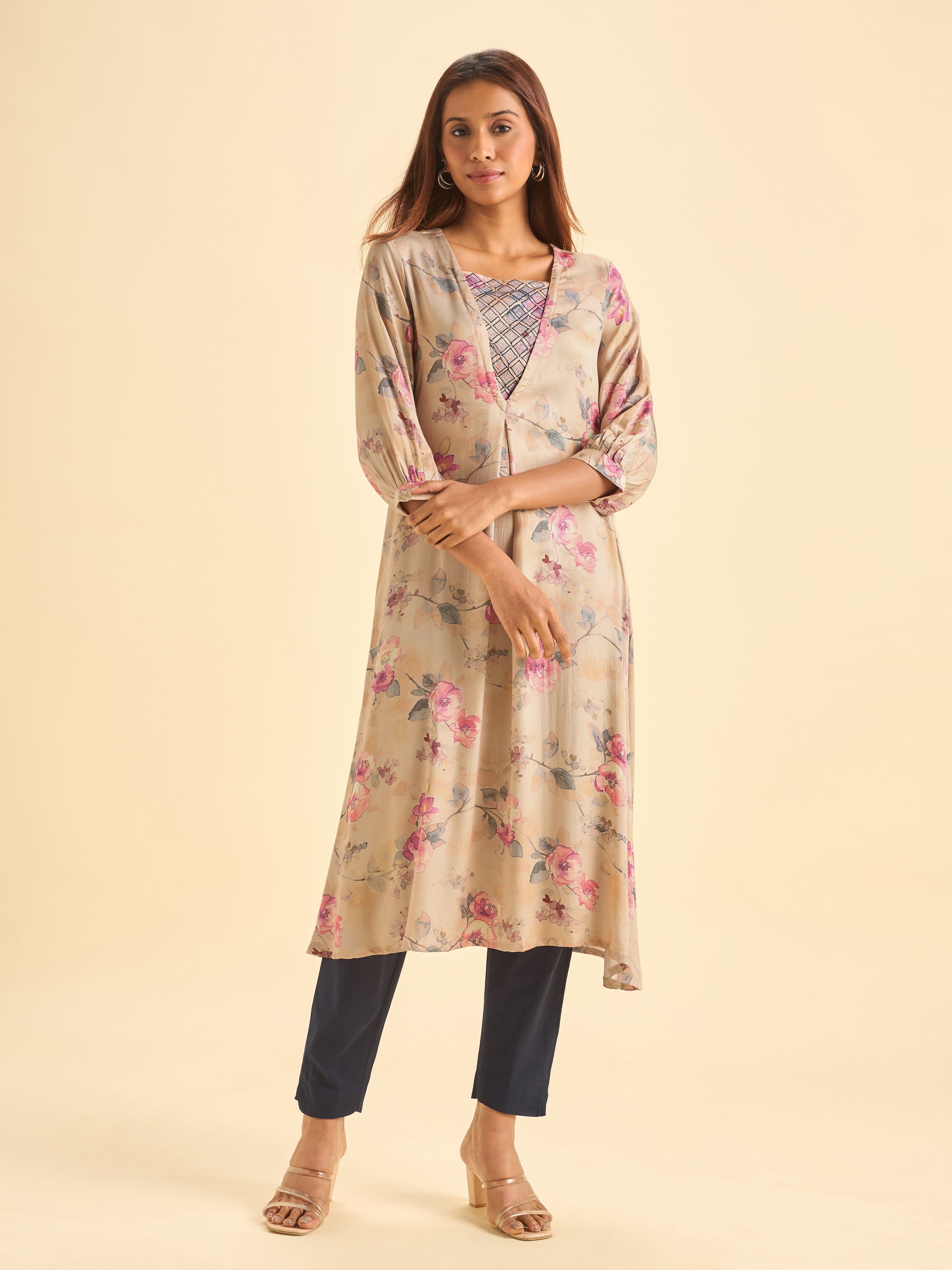 Beige Modal Satin Printed Flared Kurti