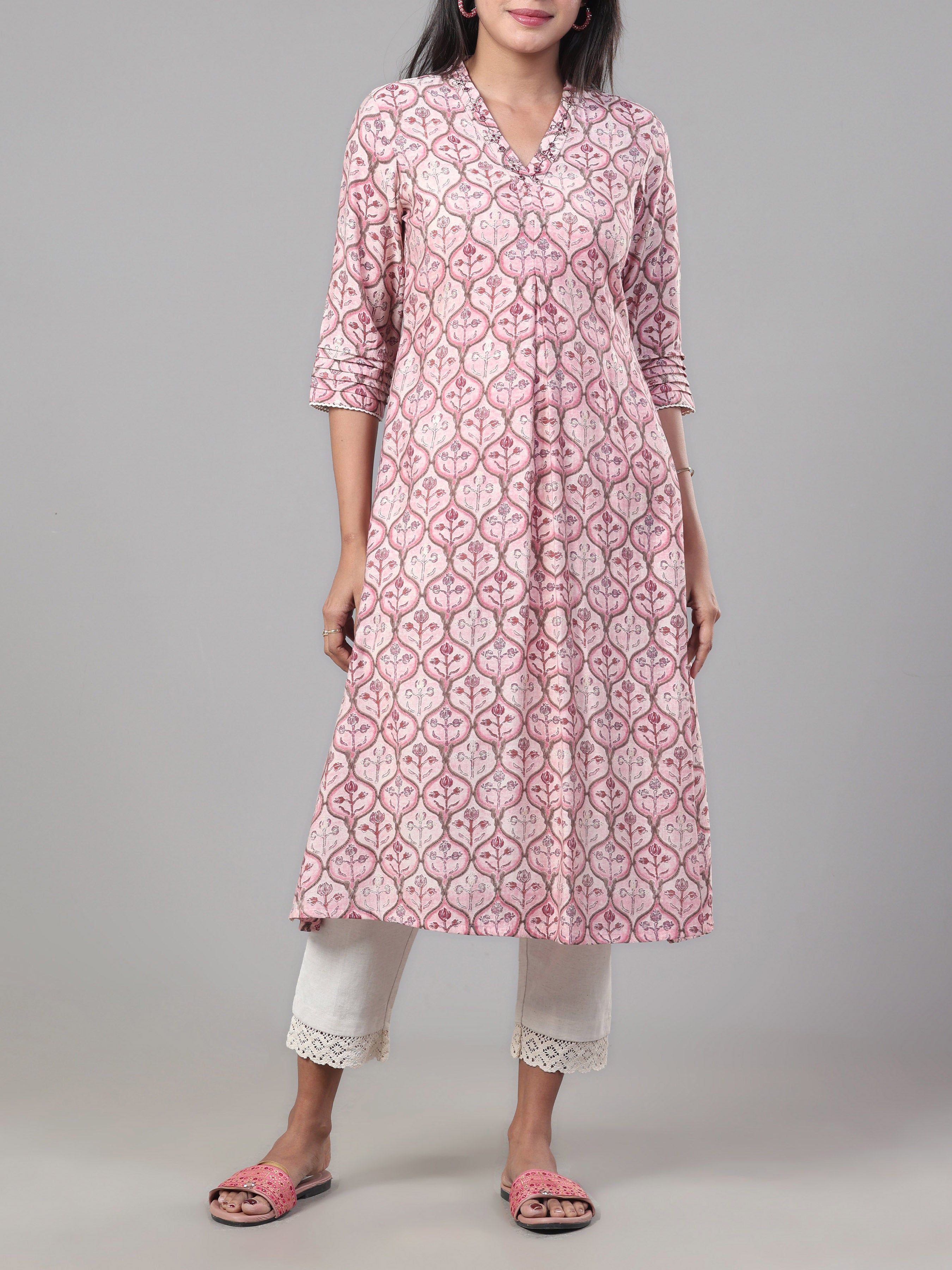 Pink Modal Chanderi Kurti With Embroidery