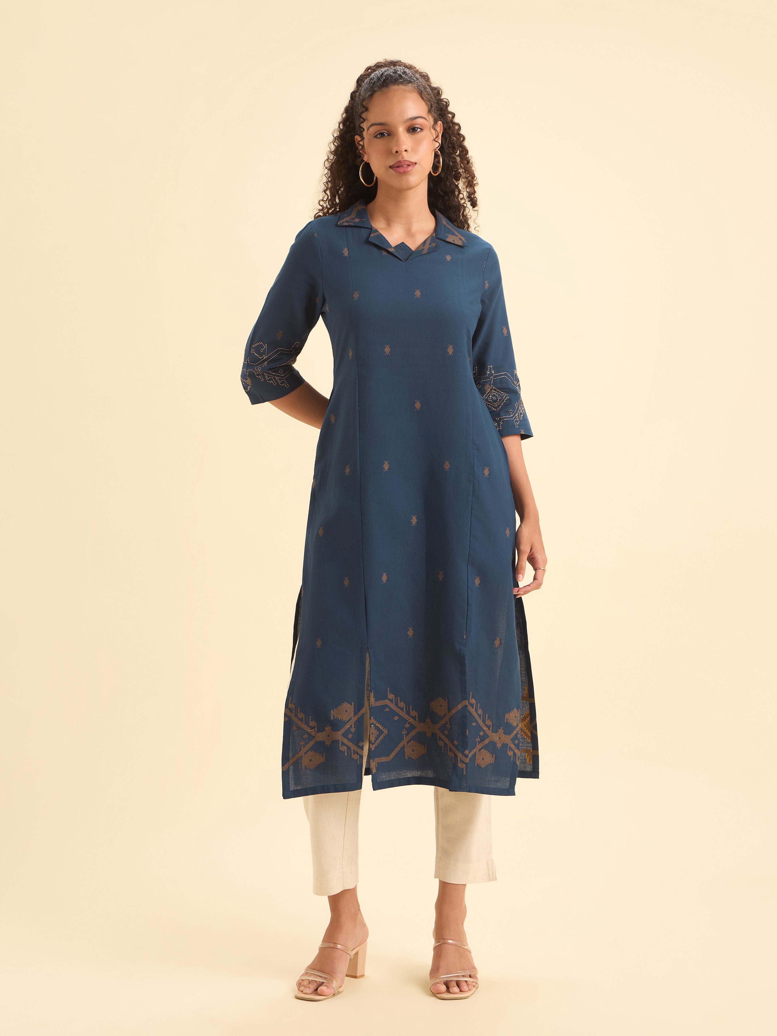 Navy Mustard Cotton Dobby Plain Center Panel Kurti With Embroidery