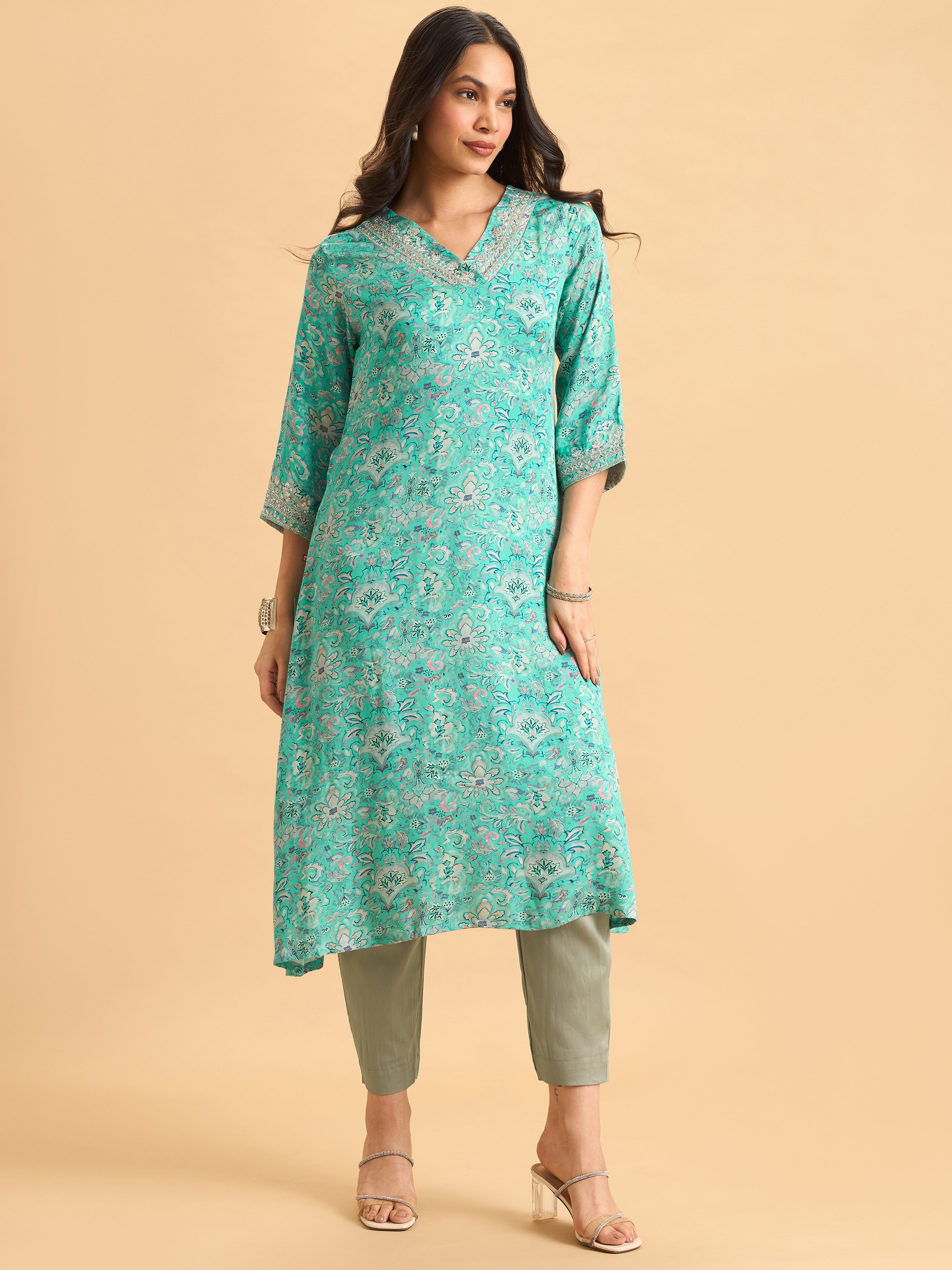 Aqua Blue Modal Satin Printed Kurti Set With Hand Work