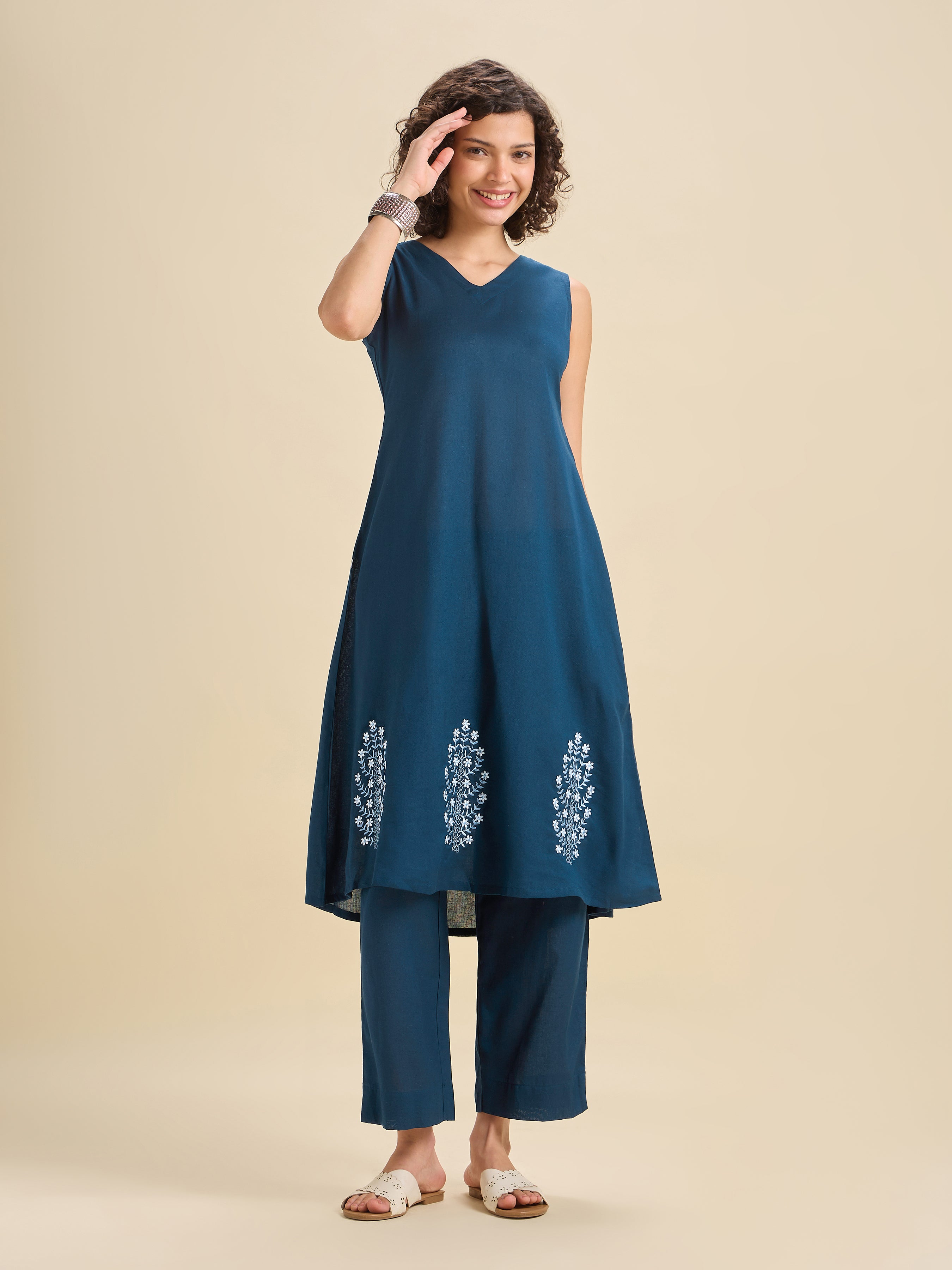 Denim Blue Cotton Flax Kurta Set With Embroidery