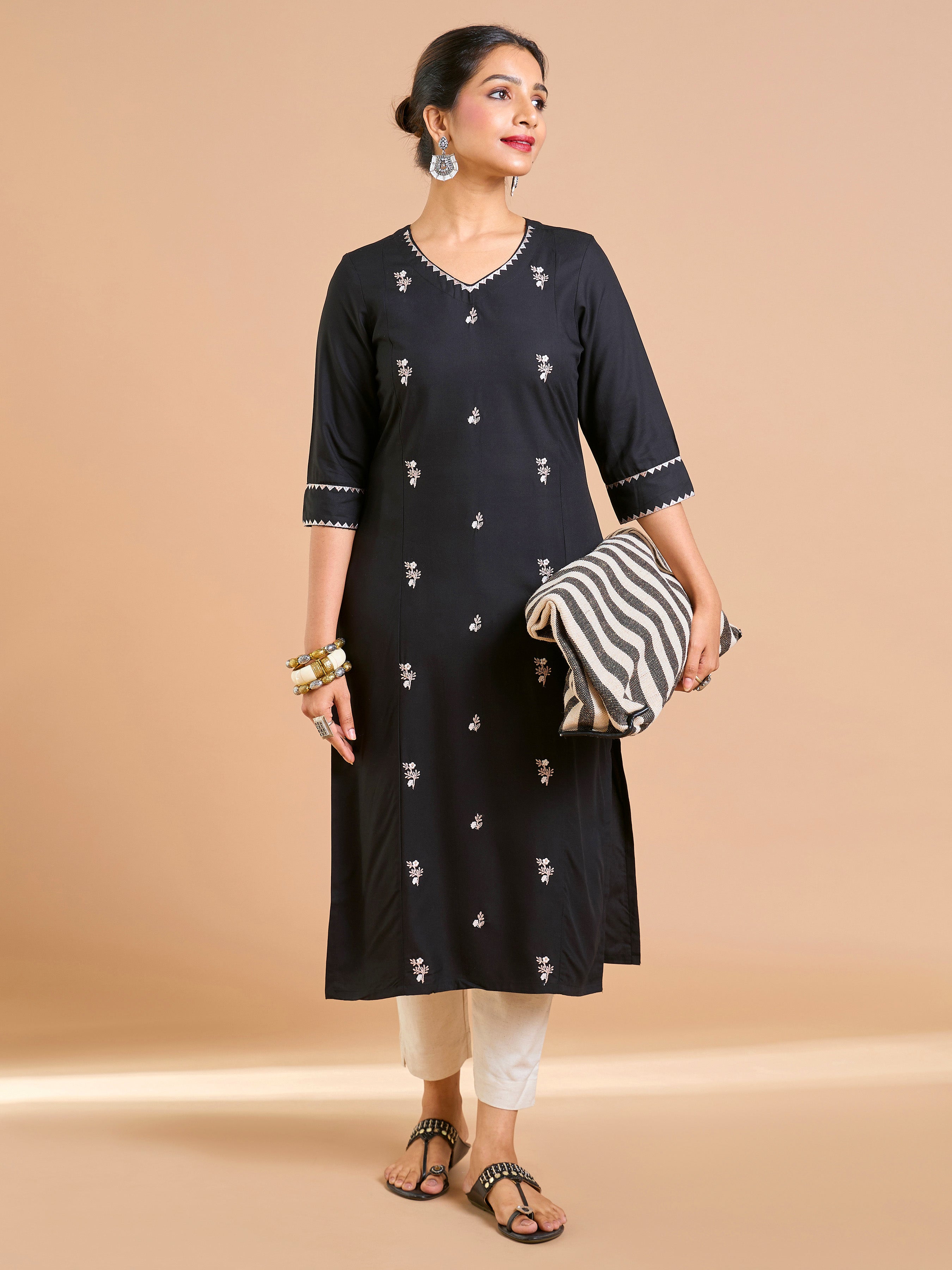 Black Viscose Plain Kurti With Embroidery And Sequins Work