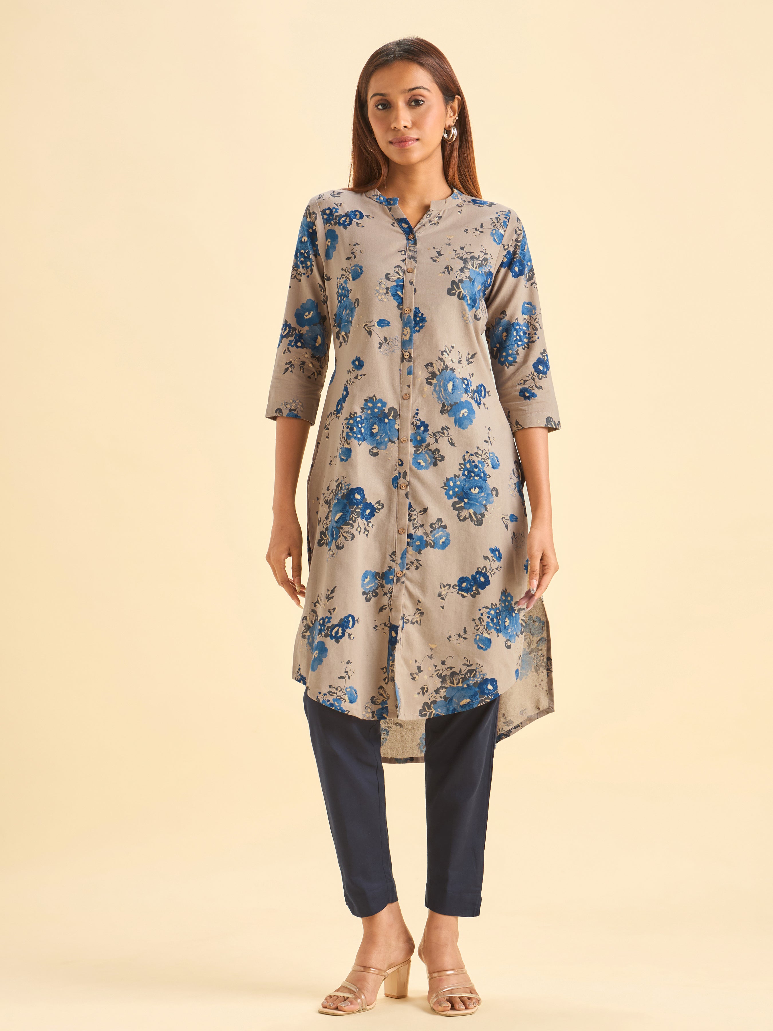 Ivory Cotton Flax Printed Kurti With Center Cut
