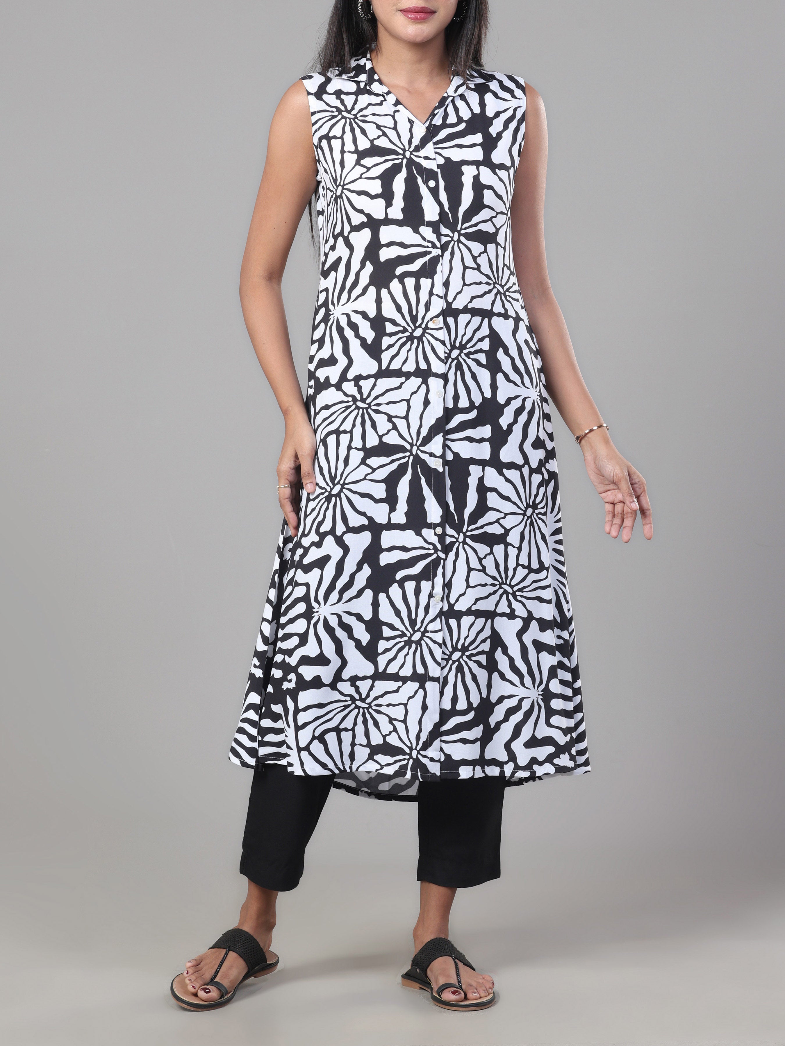 Black And White Viscose Printed Kurti