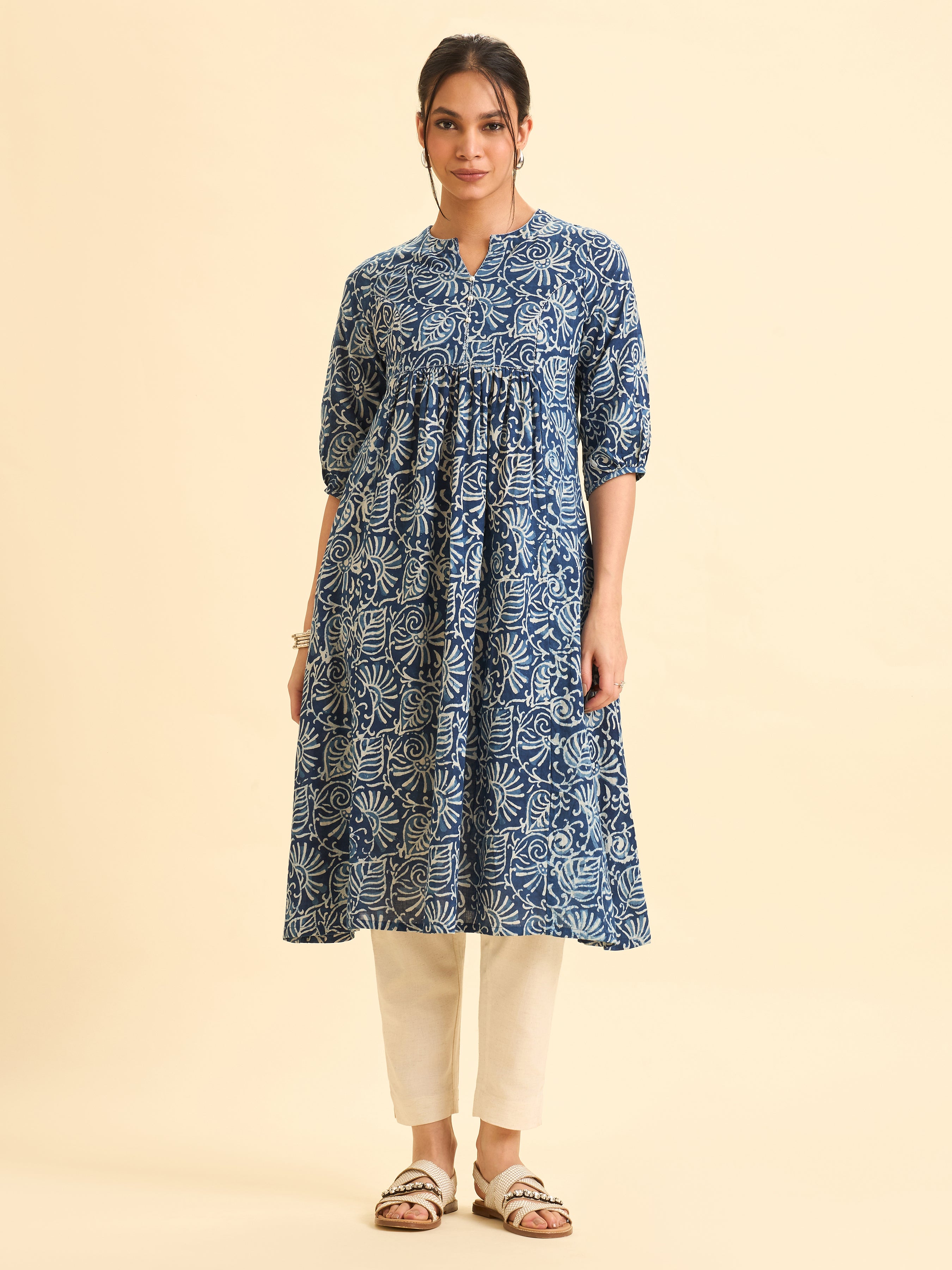 Indigo Pure Cotton Printed Flared Kurti With Sequins Work