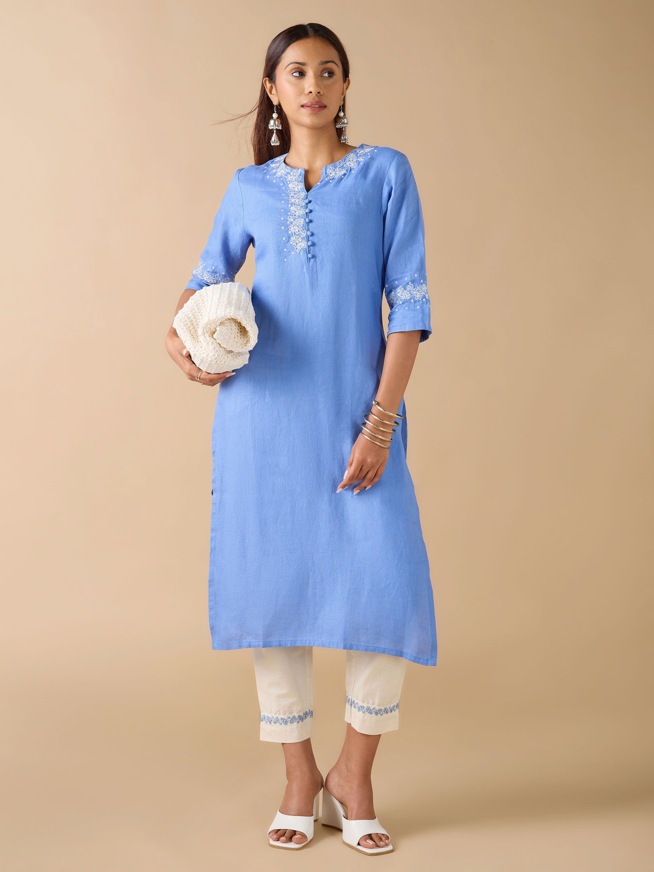 Blue Linen Plain Kurthi With Embroidery And Matching Bottom