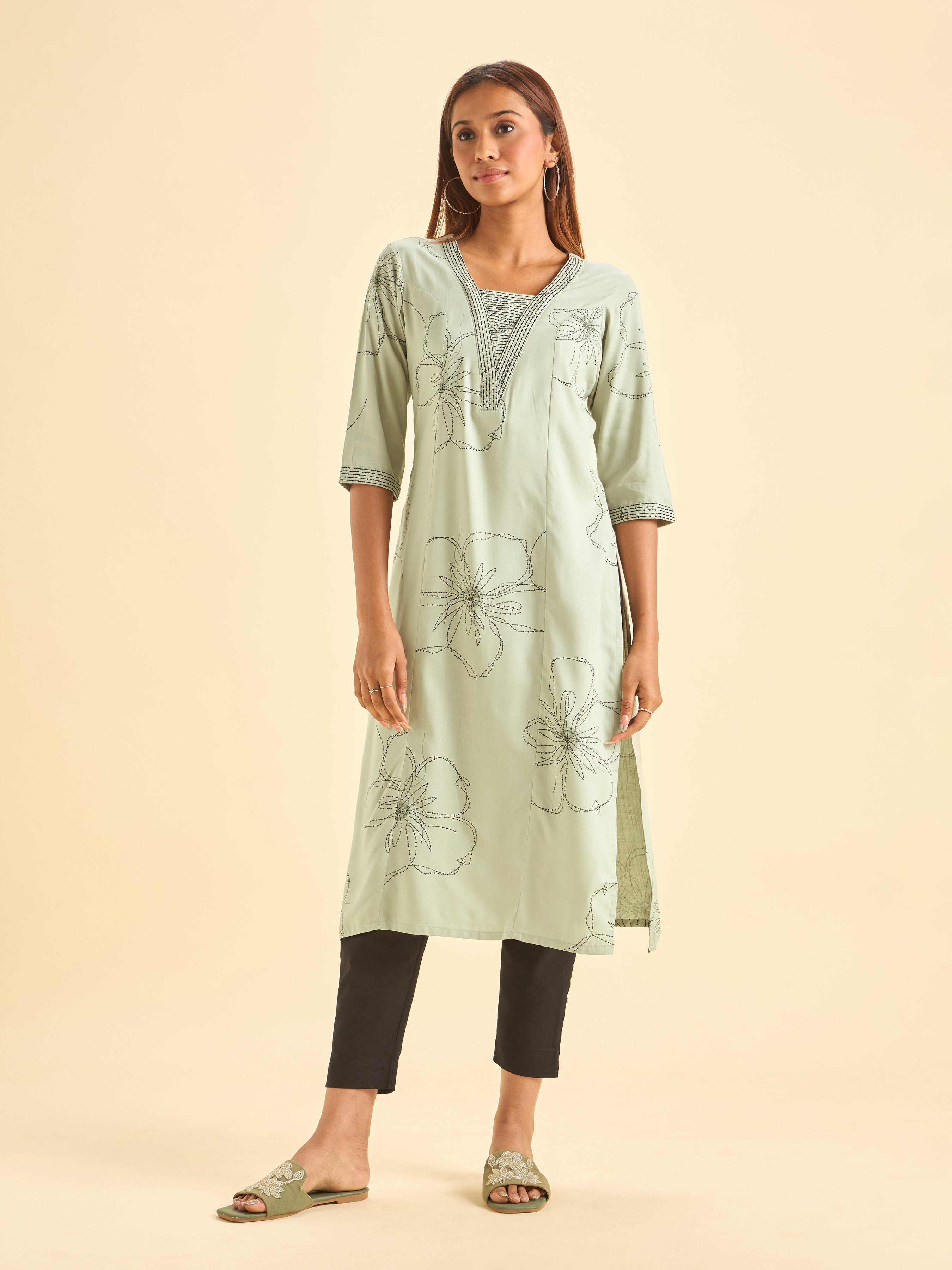 Pastel Green and Black Viscose Printed Flared Kurti With Embroidery