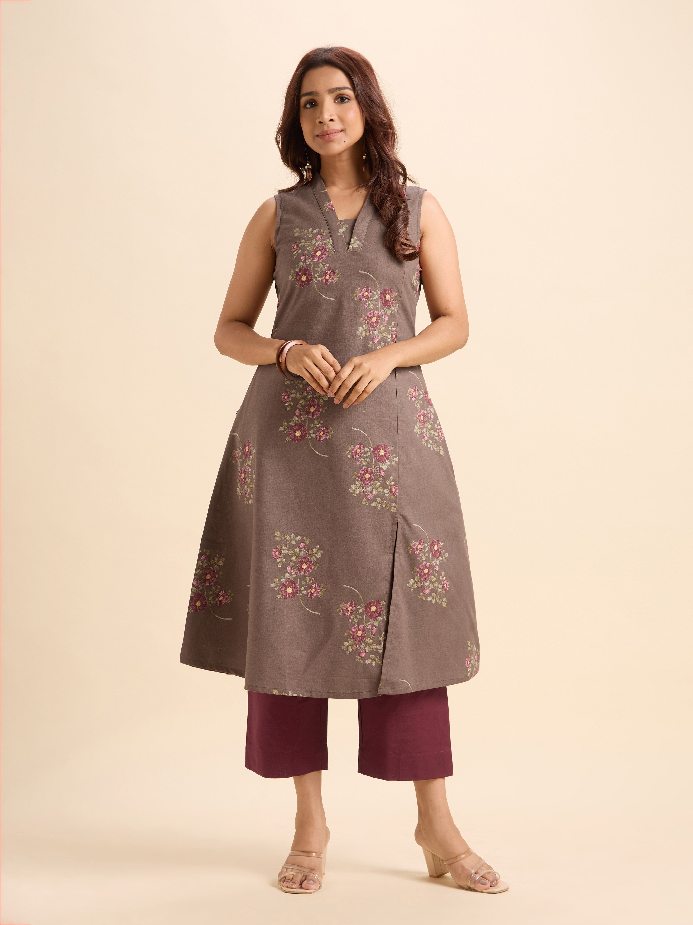 Coffee Brown Multi-Colour Cotton Flax Slub Printed Flared Kurti Set