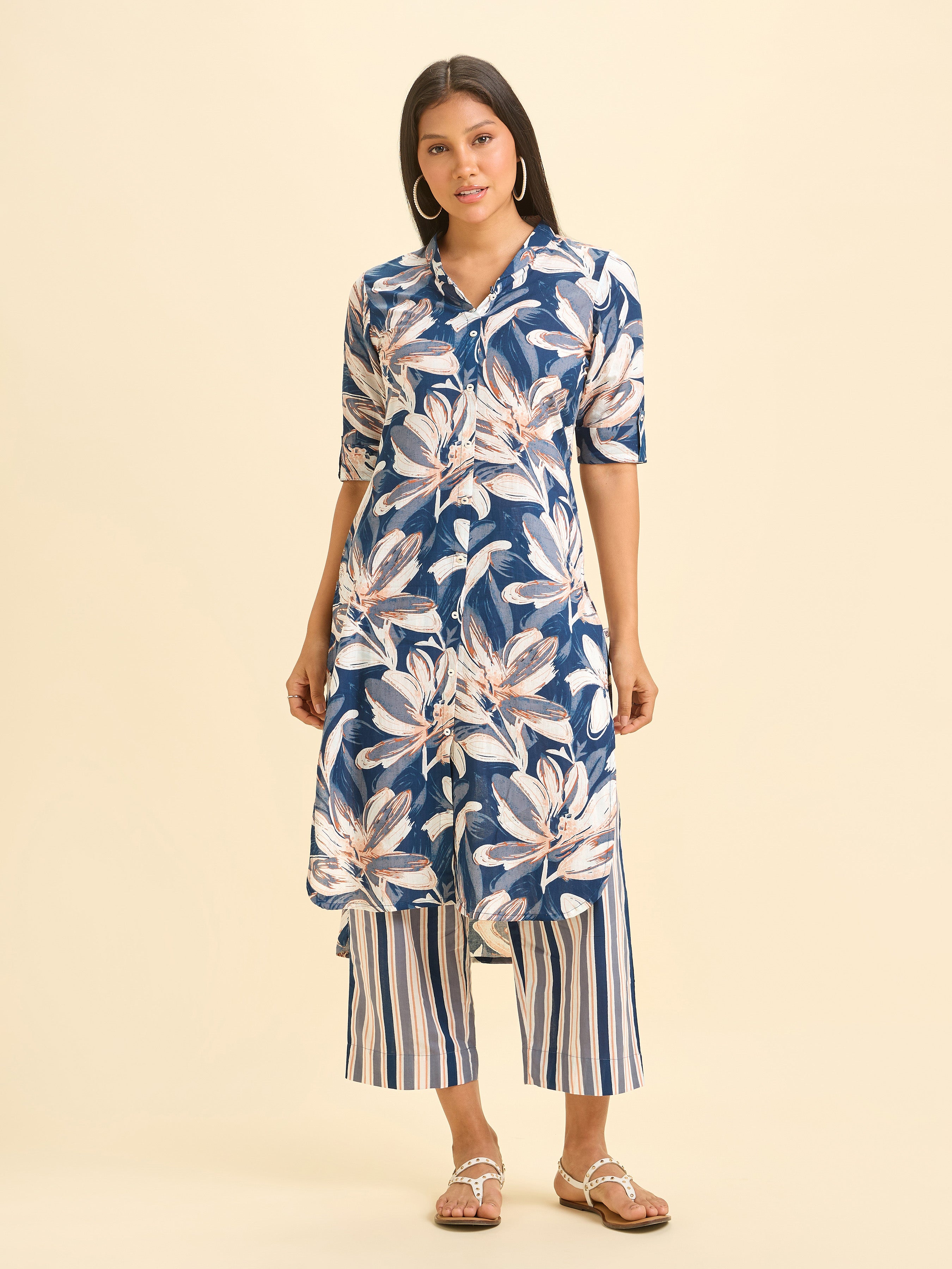 Navy Blue Cotton Flax Printed Kurti Set