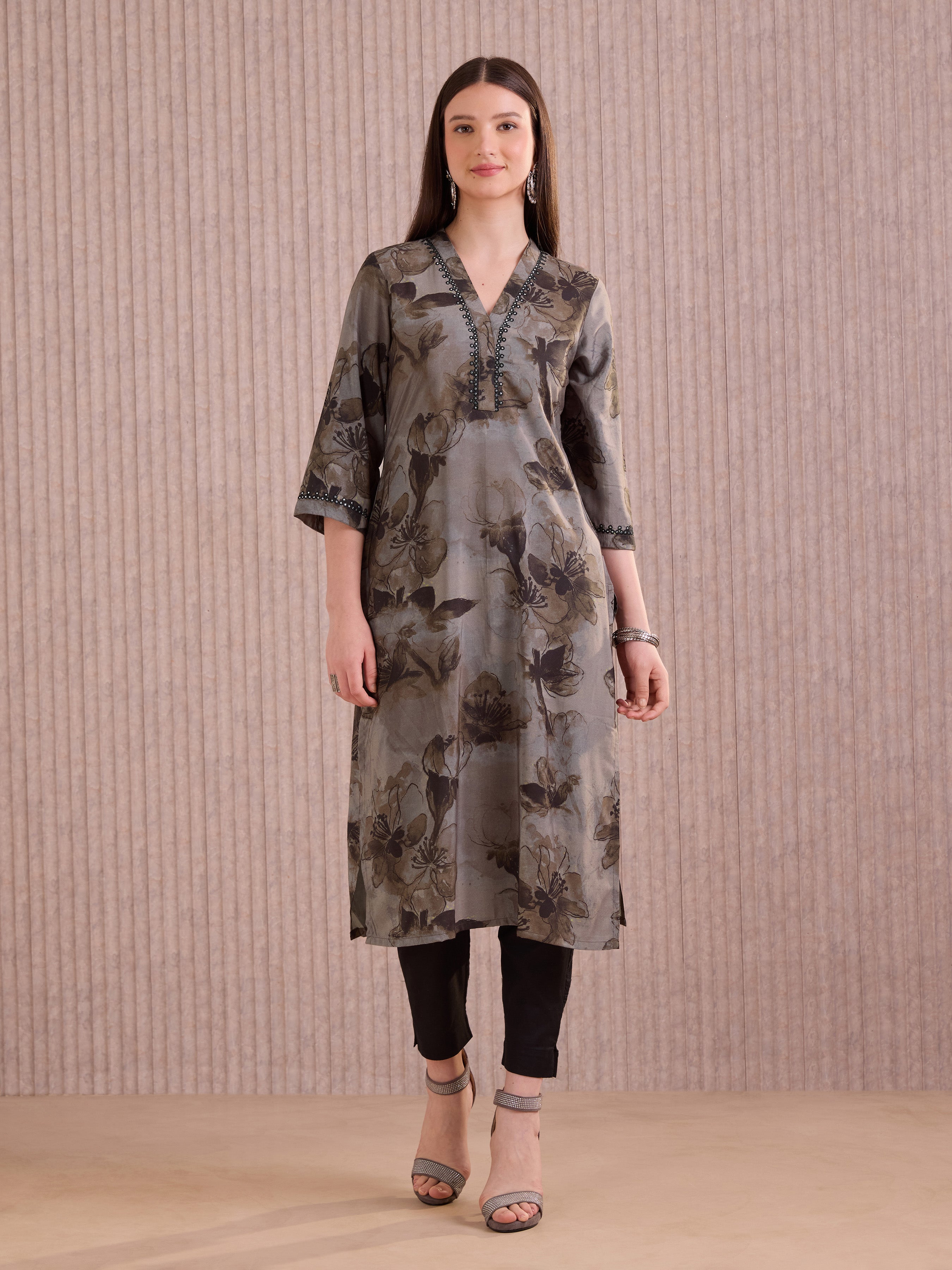 Grey Viscose Blend Printed Kurti With Mirror Work