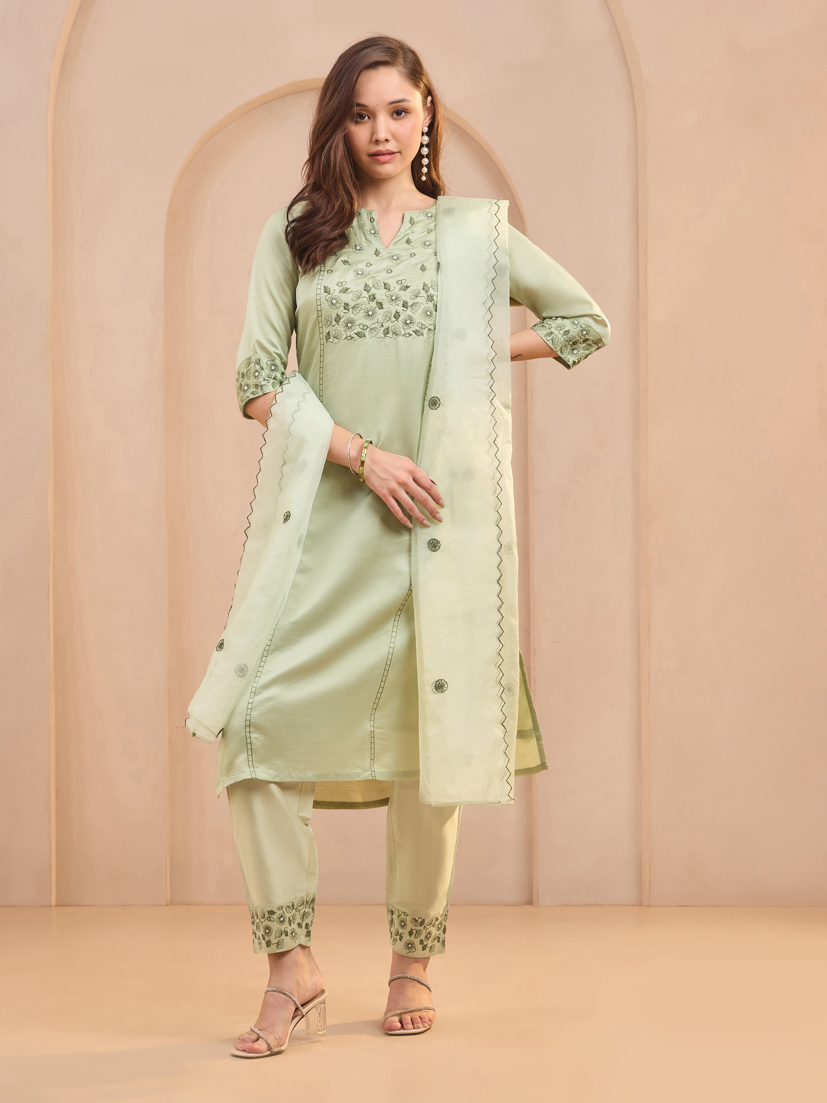 Mint Green Viscose Linen Kurti Set & Dupatta With Handwork Embroidery