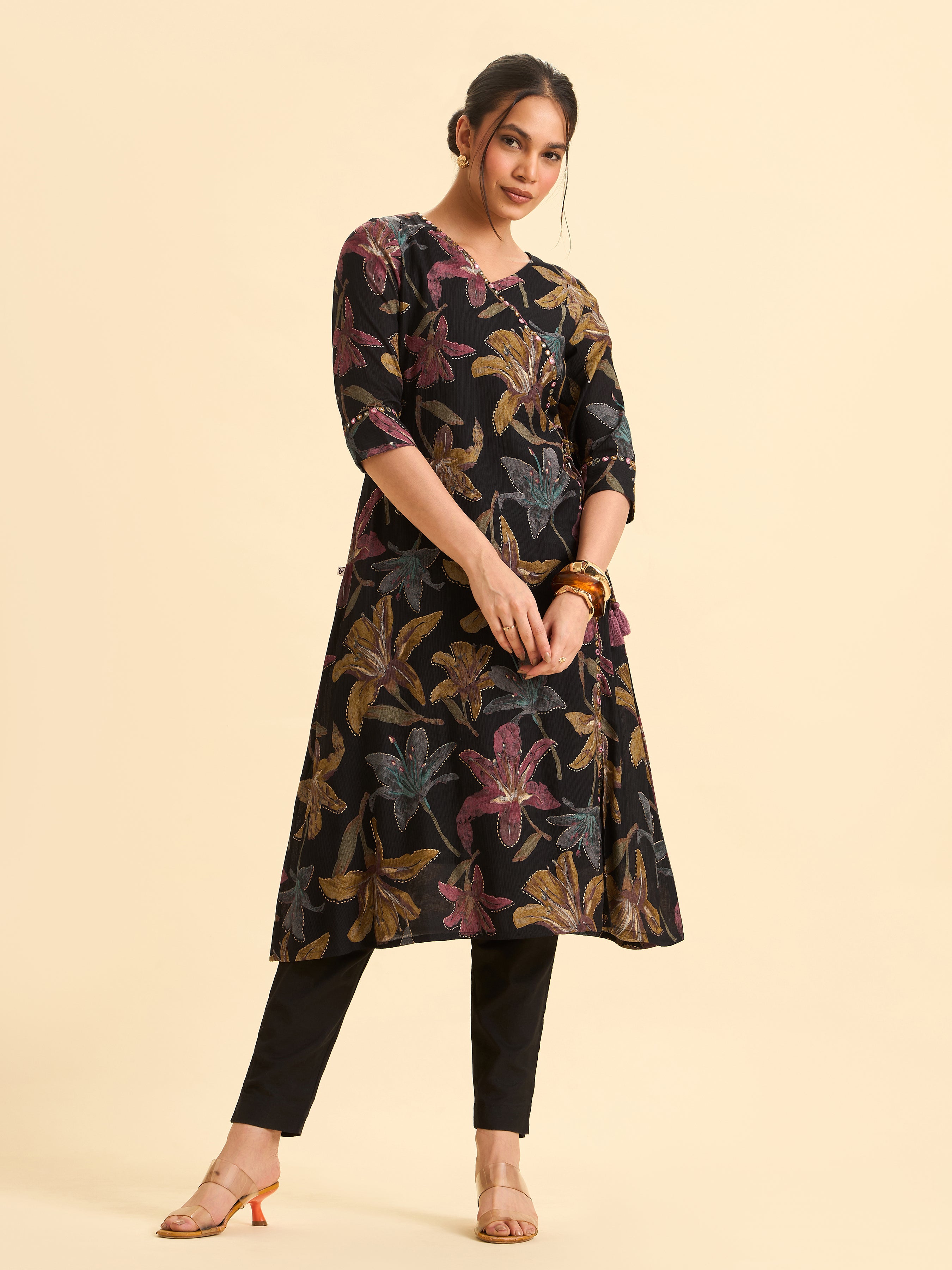 Black Viscose BlendMulti Colour Printed Flared Kurti With Mirror Work
