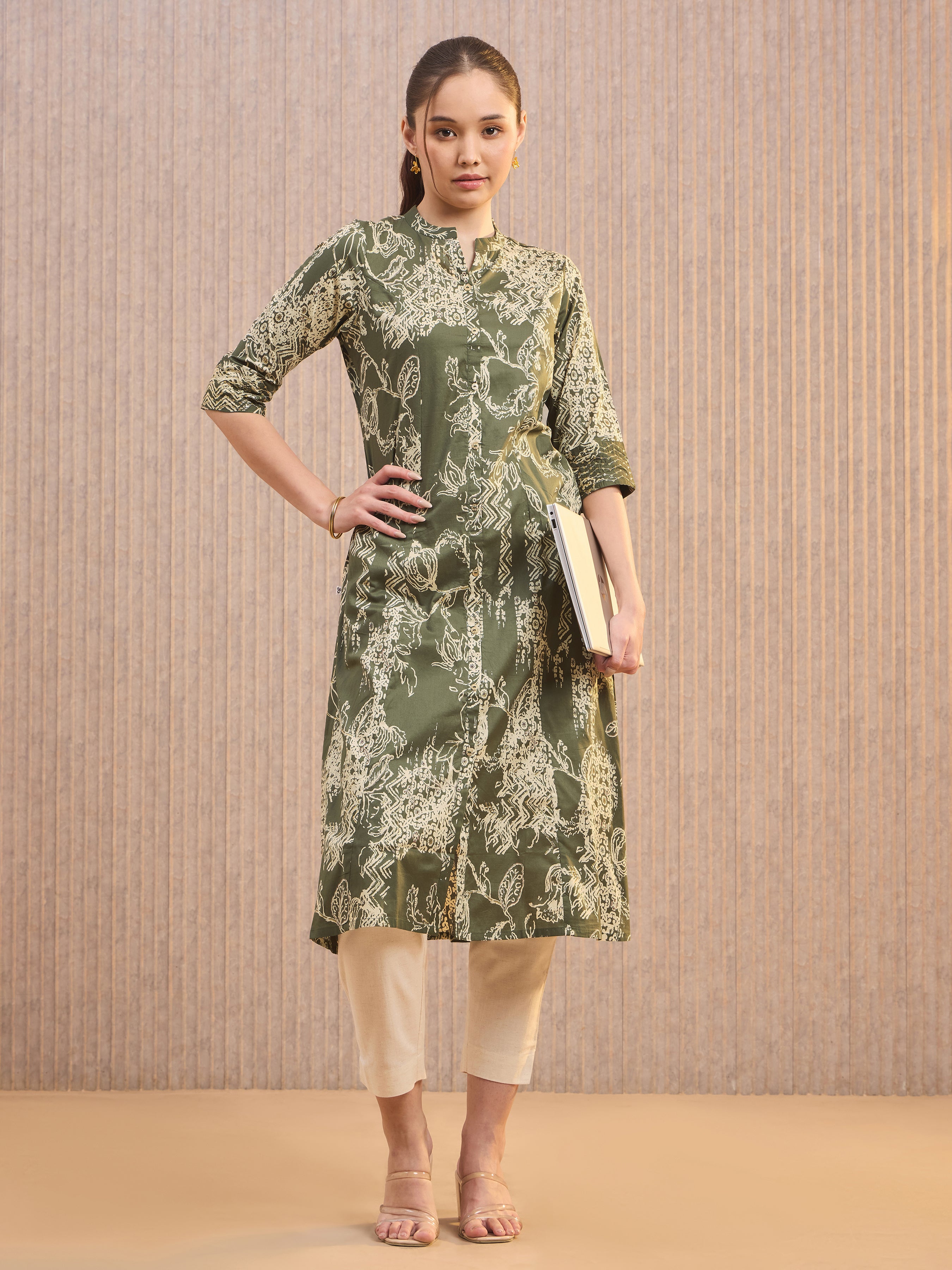 Olive Green Pure Cotton Foil Printed Kuti With Sequins Embroidery