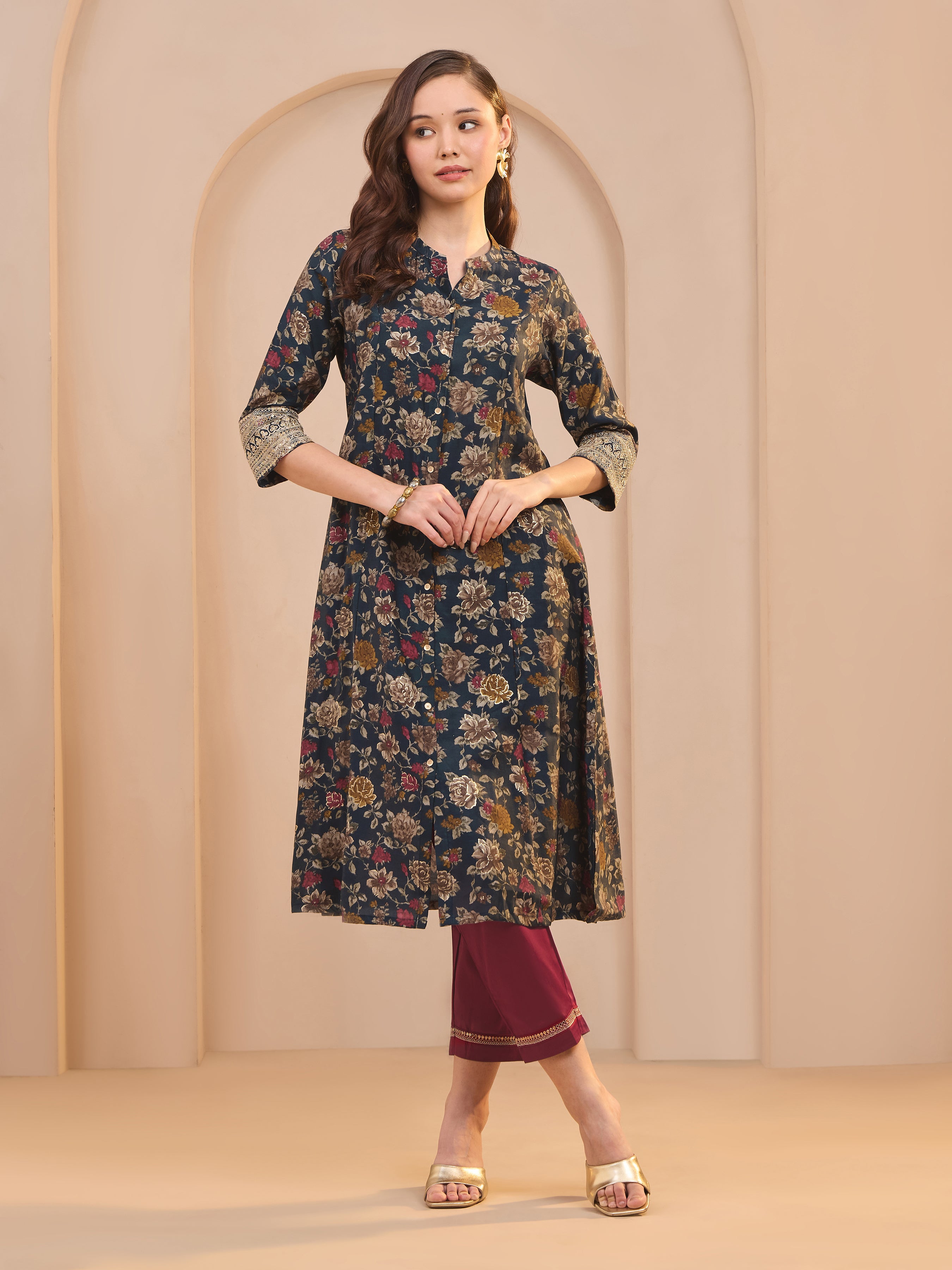Navy Blue Modal Chanderi Printed Kurti With Embroidery And Matching Bottom