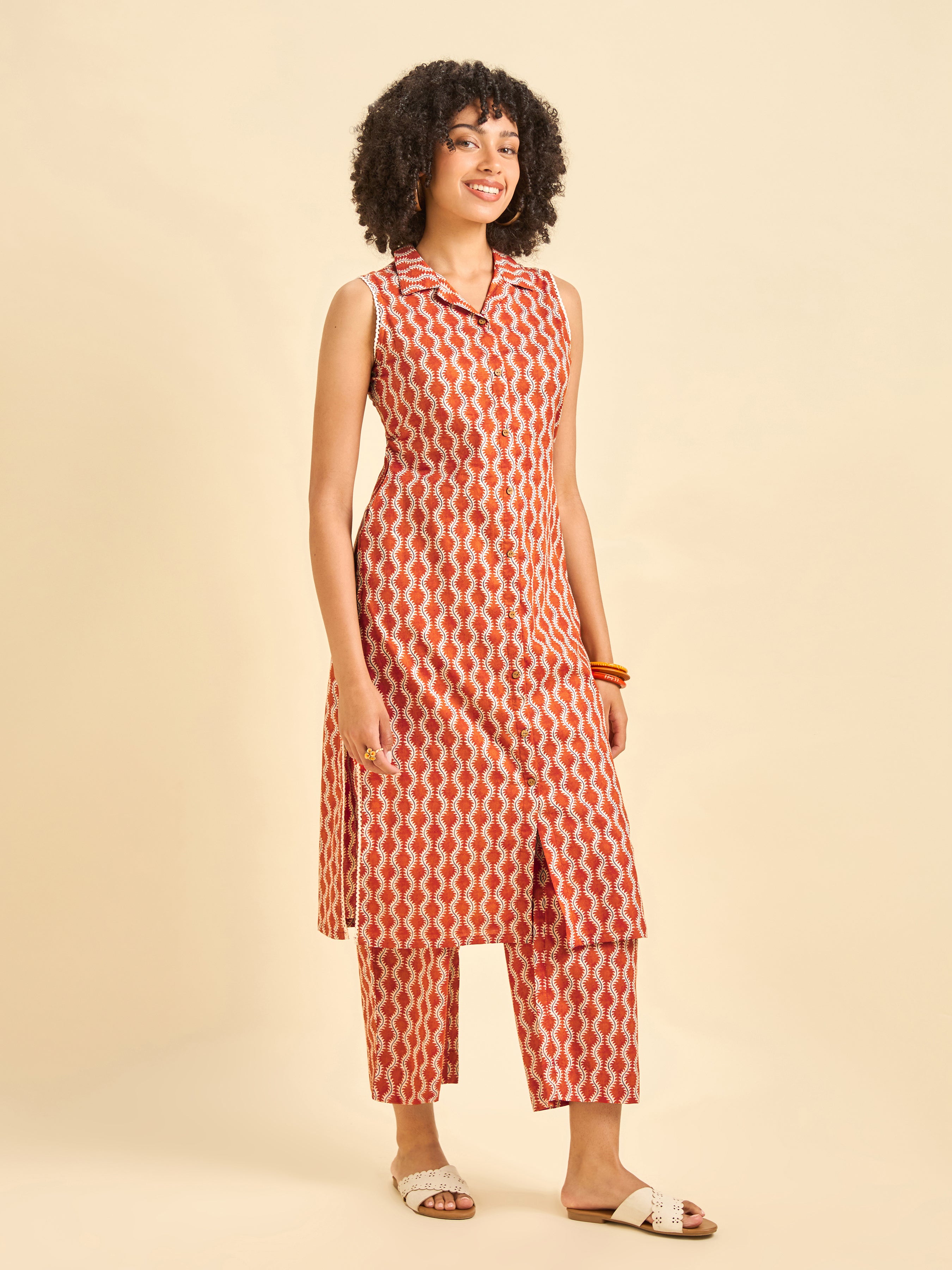 Rust Orange Cotton Printed Co-Ord Set With Lace