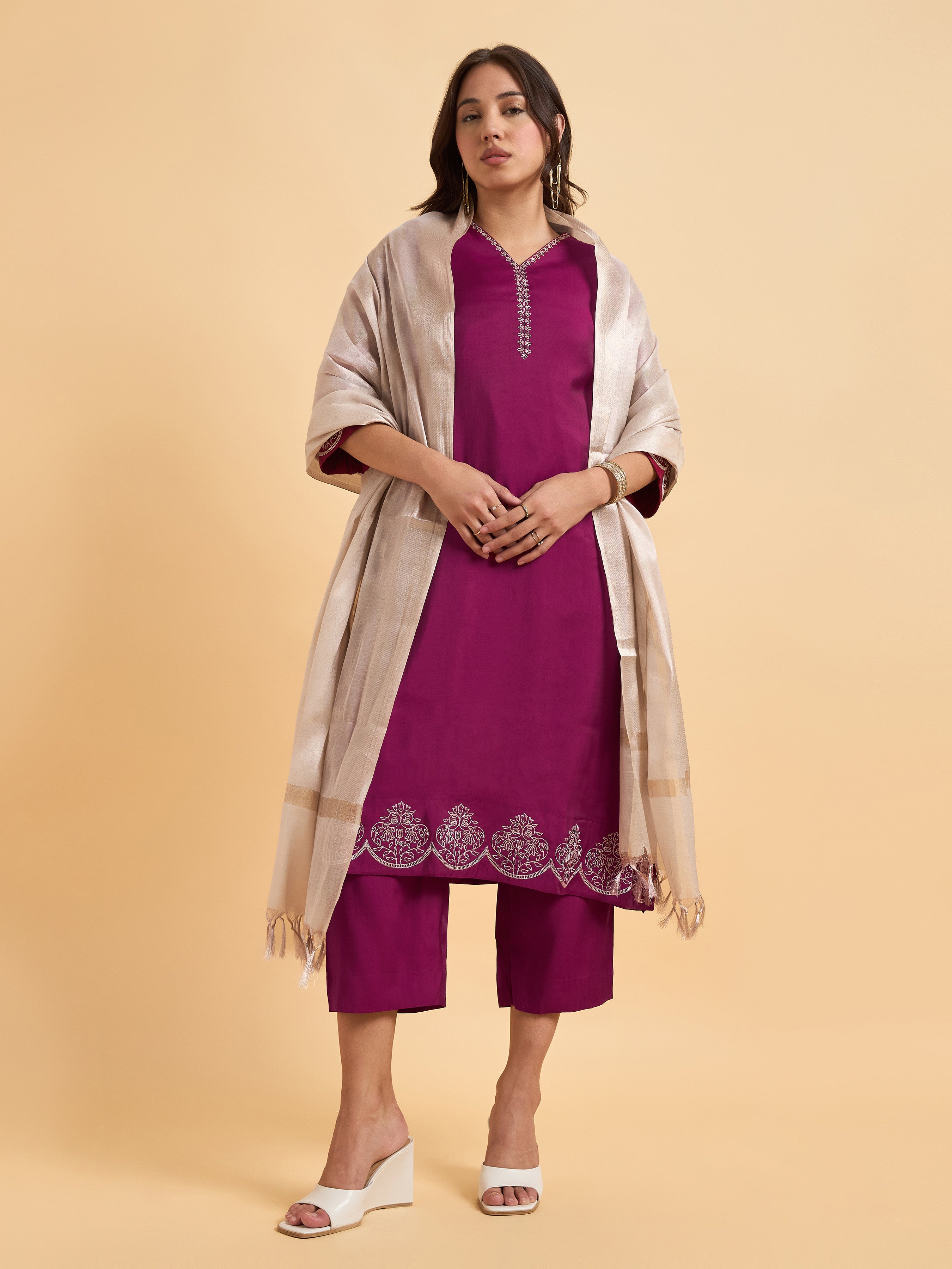 Magenta Viscose Blend Kurti Set With Dupatta And Sequence Embroidery