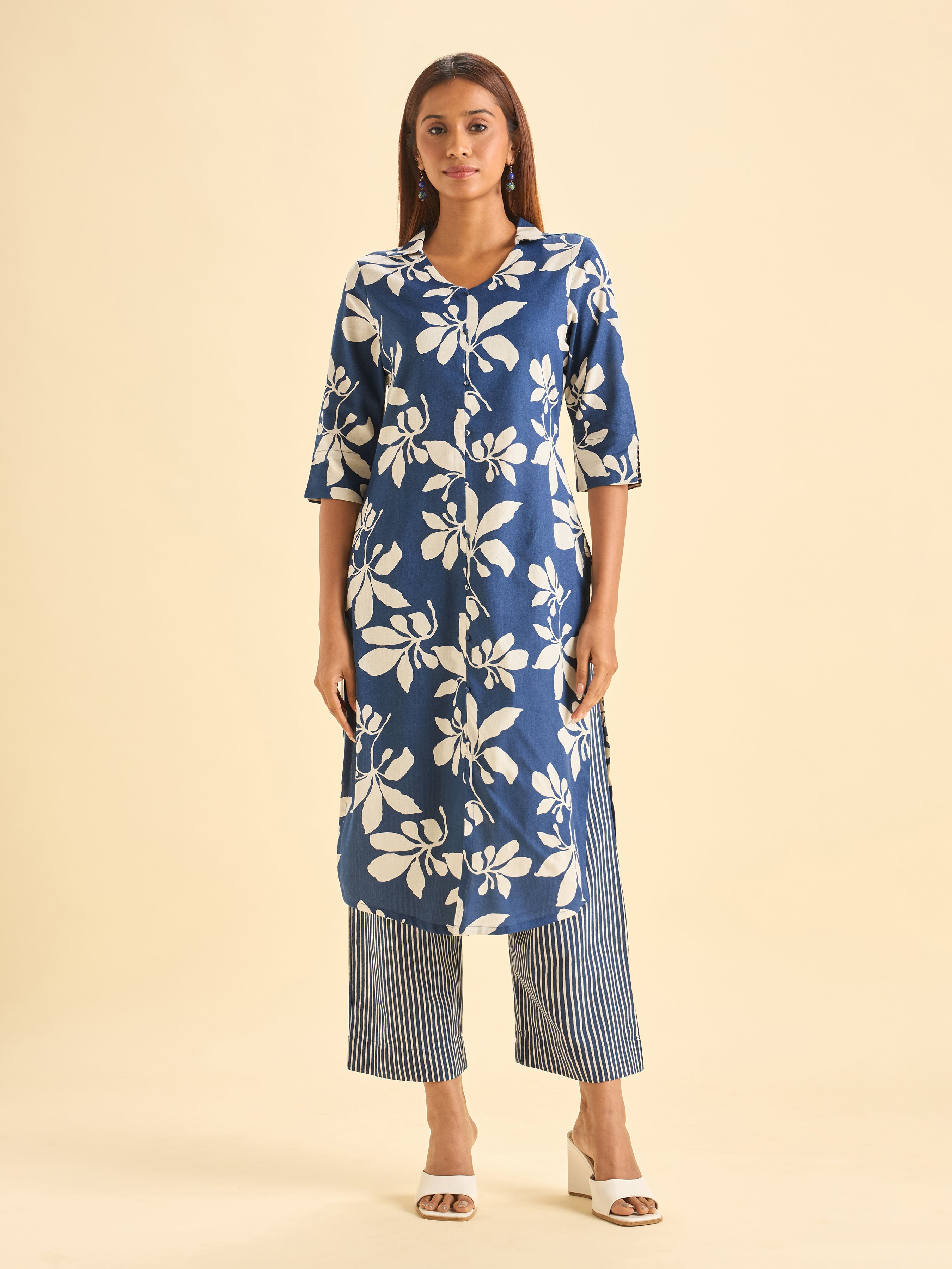 Navy Blue Cotton Flax Printed Slited Kurti Set