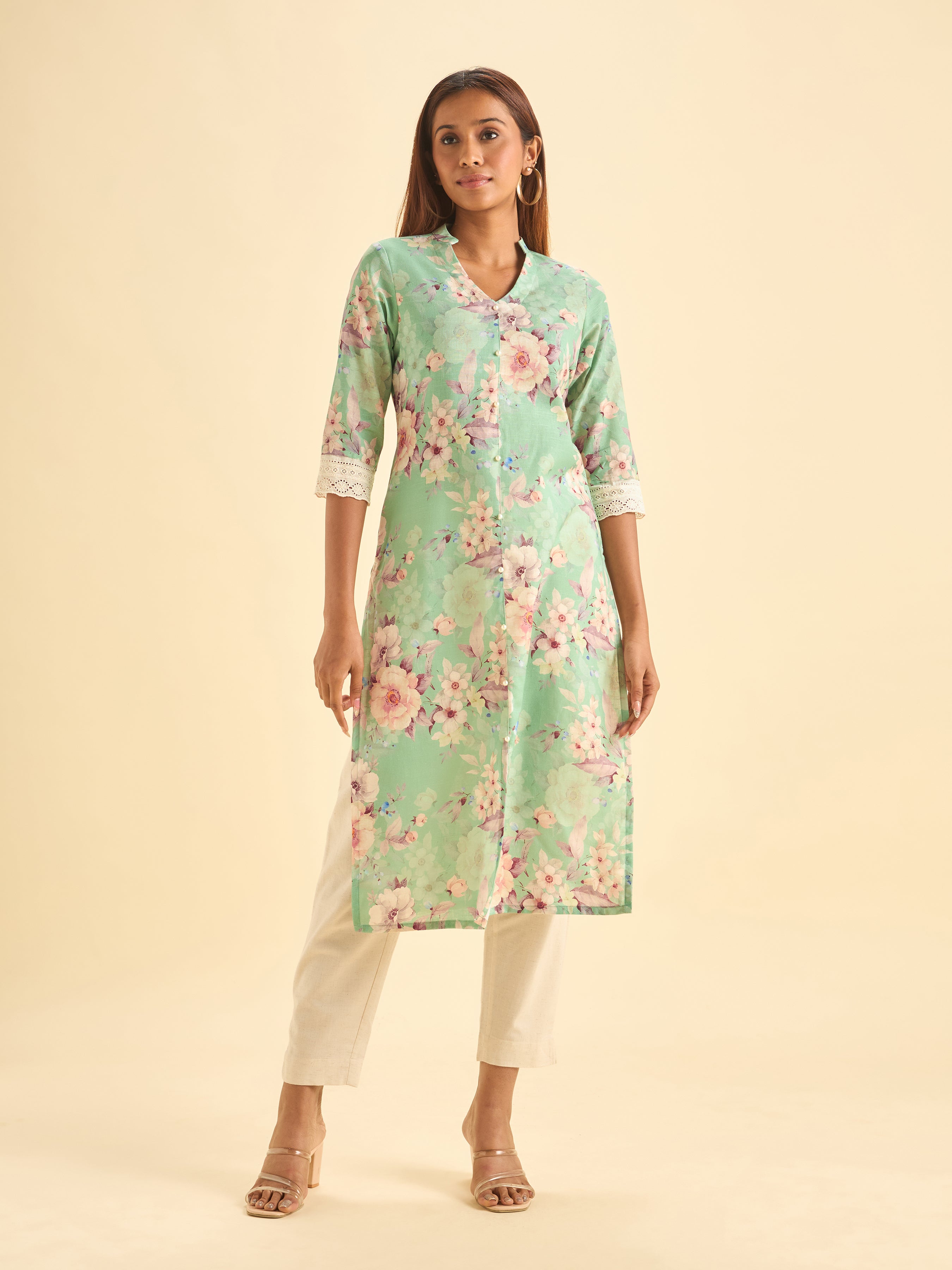 Mint Green Cotton Slub Slited Printed Kurti With Lace