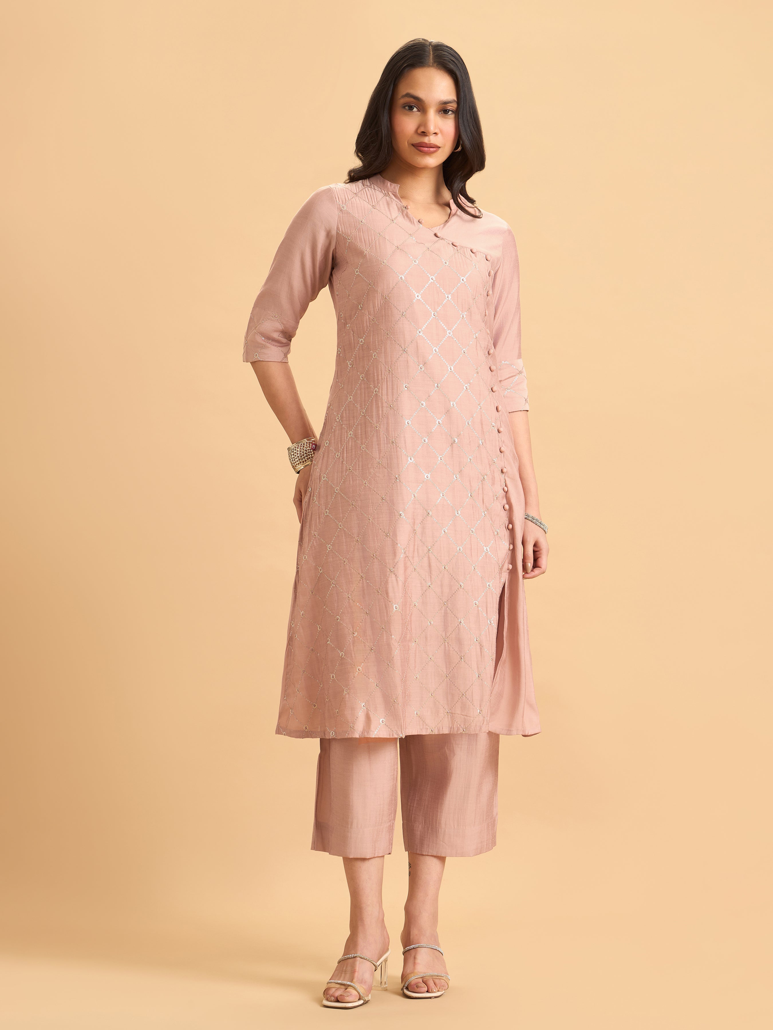 Onion Pink Viscose Plain Kurti Set With Hand Work Embroidery